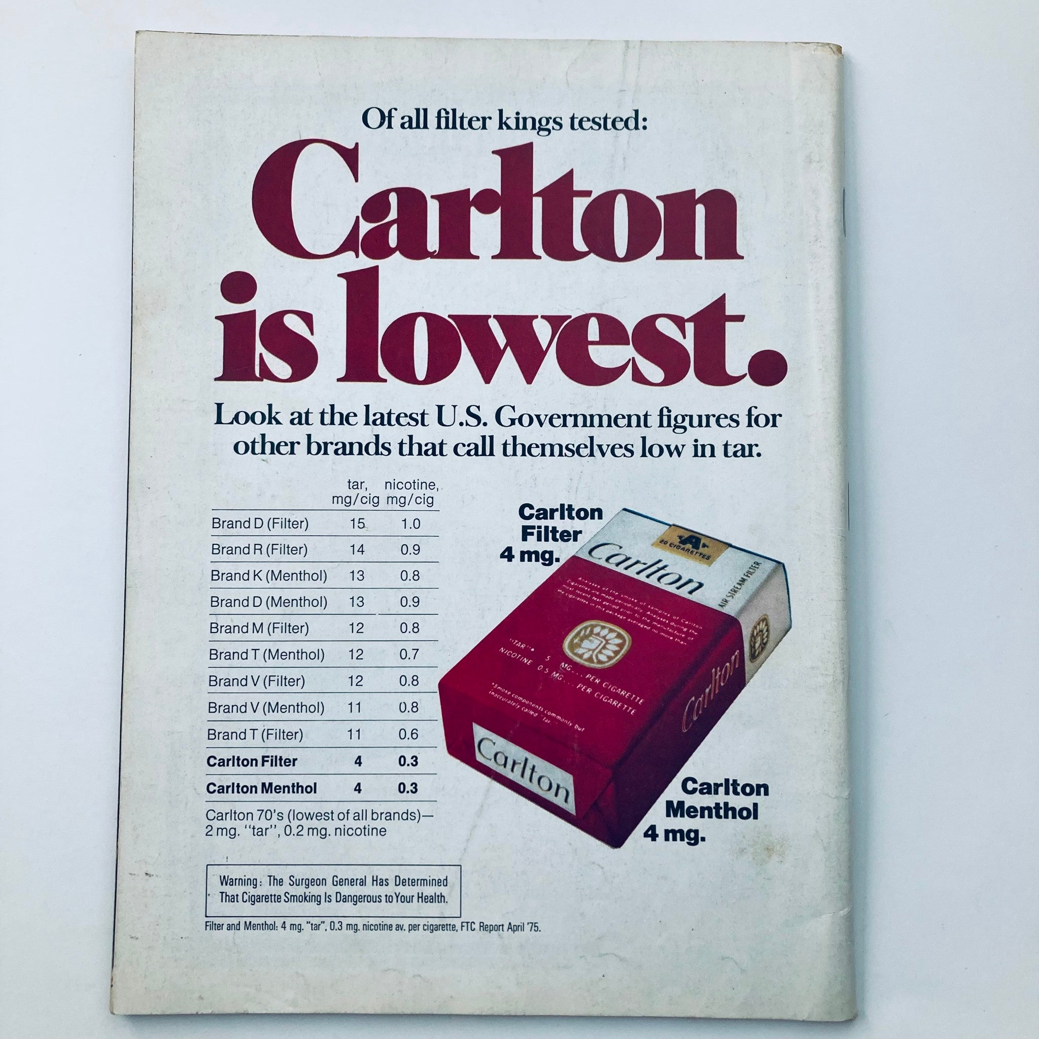 Vintage National Lampoon Magazine September 1975 - Advertisement for Carlton cigarettes highlighting low tar content.