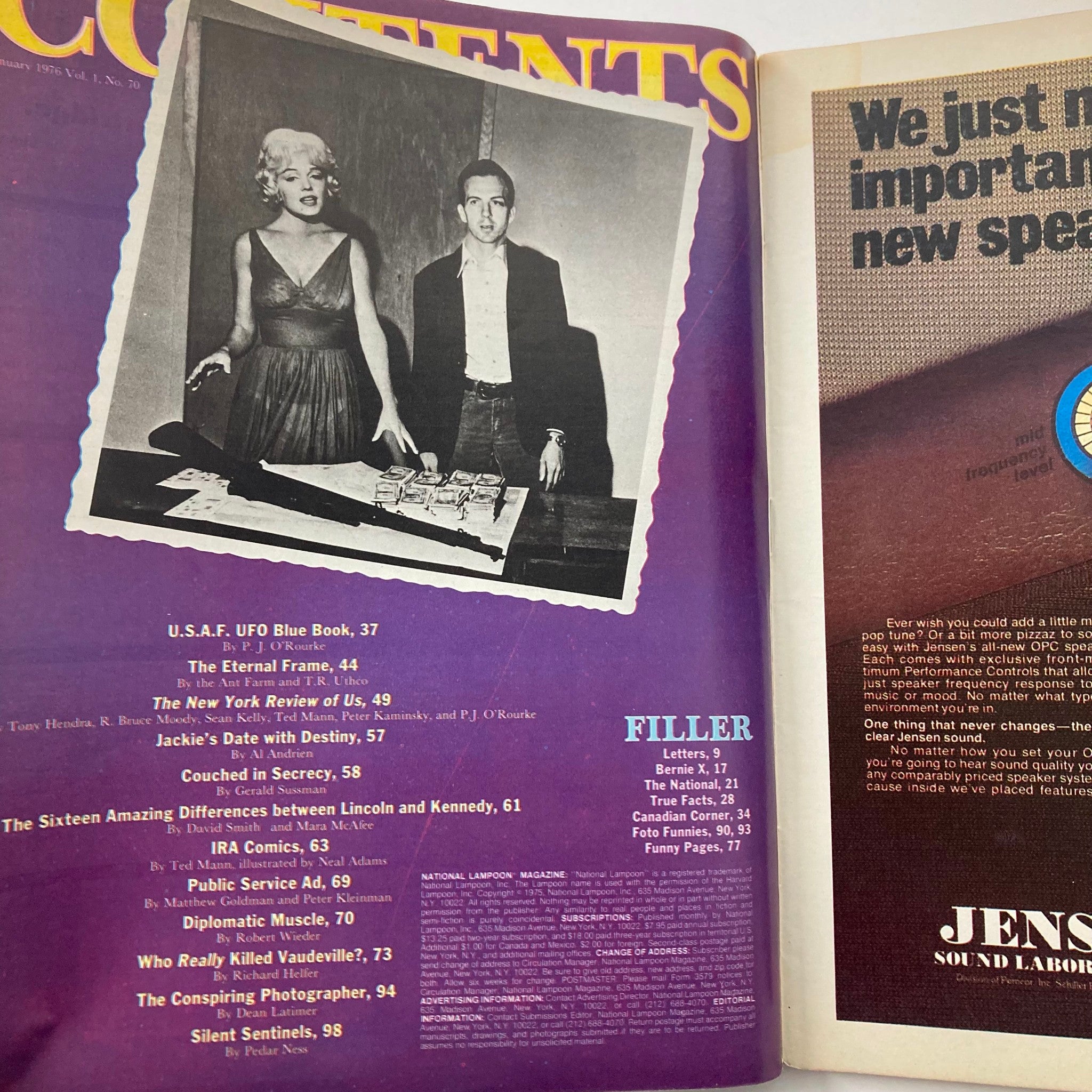 Inside page of Vtg National Lampoon Magazine January 1976, displaying the table of contents with articles including Jackie's Date with Destiny and other notable features from the era.