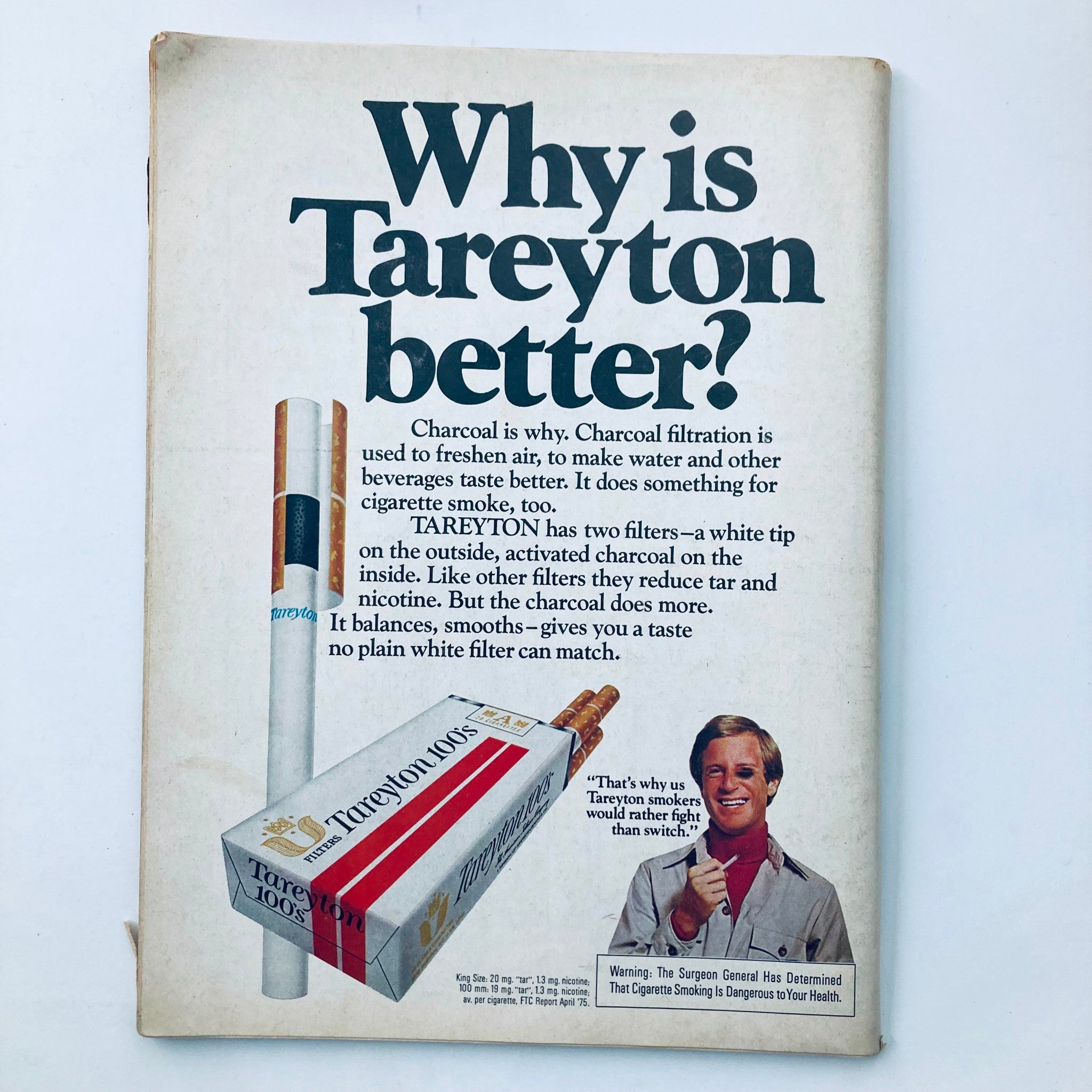 Vtg National Lampoon Magazine January 1976 featuring ad for Tareyton cigarettes emphasizing charcoal filtration and taste, with a smiling man endorsing the product.