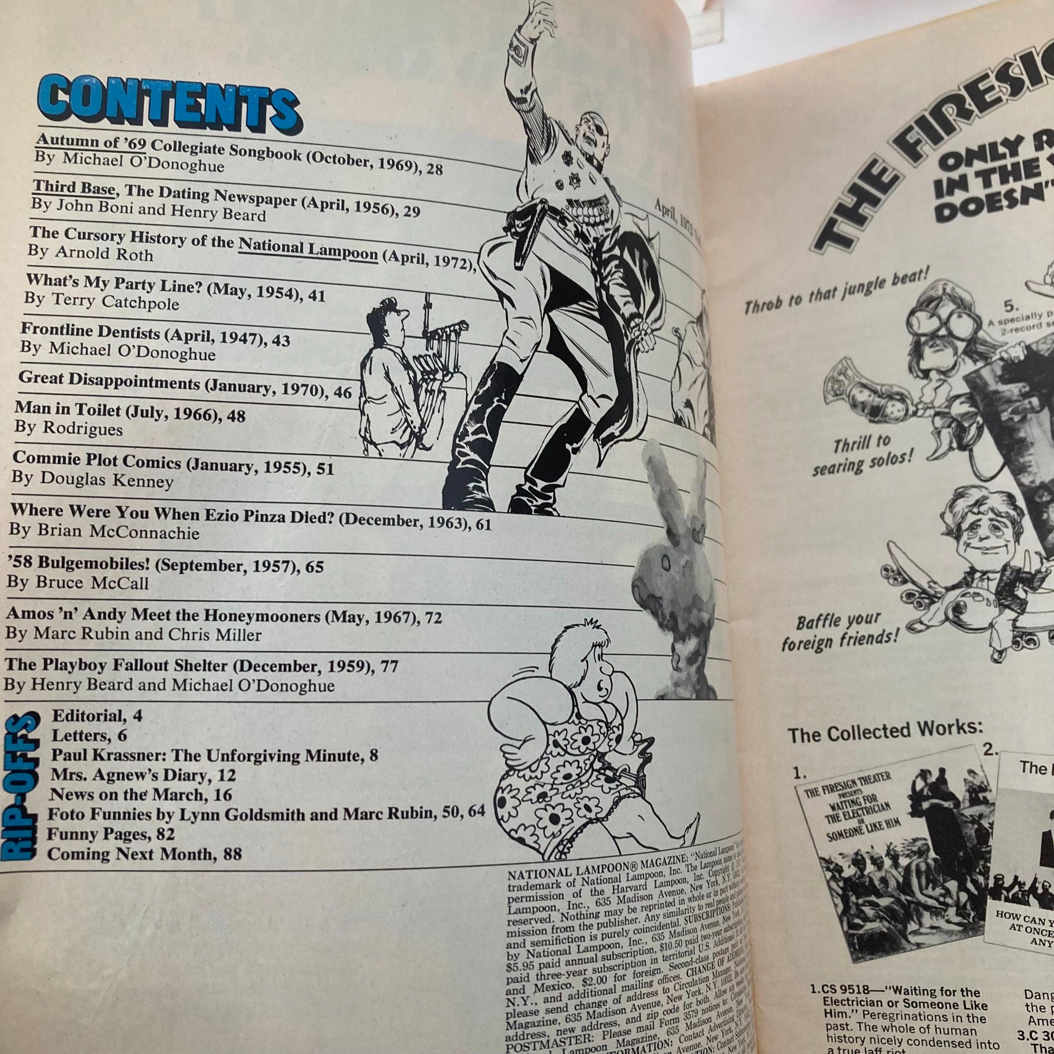 Contents page of Vintage National Lampoon Magazine April 1972 featuring The Fighting Dentists, showcasing various humorous articles and illustrations intrinsic to the magazine's style.