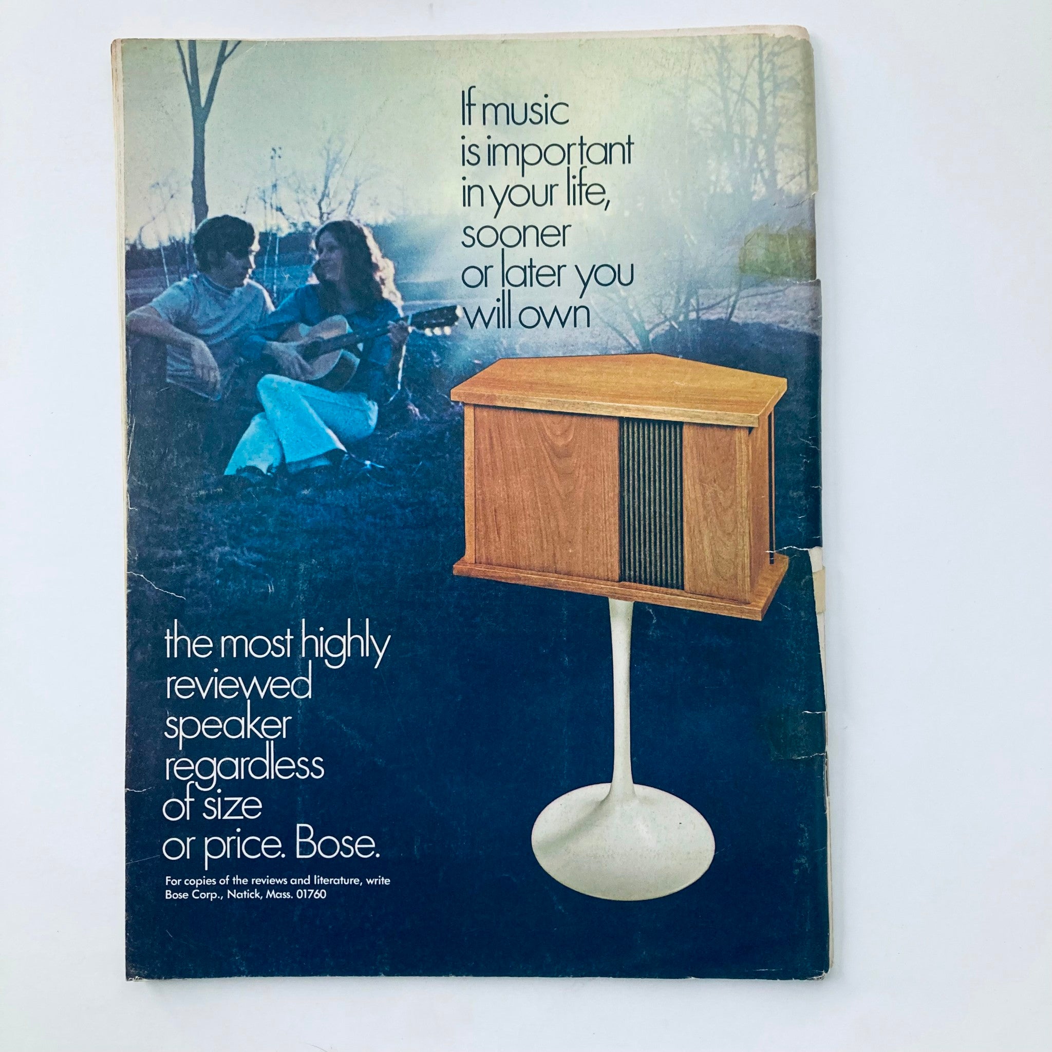 Back cover of Vintage National Lampoon Magazine April 1972 featuring The Fighting Dentists, displaying a nostalgic advertisement for Bose speakers set in a serene outdoor scene.