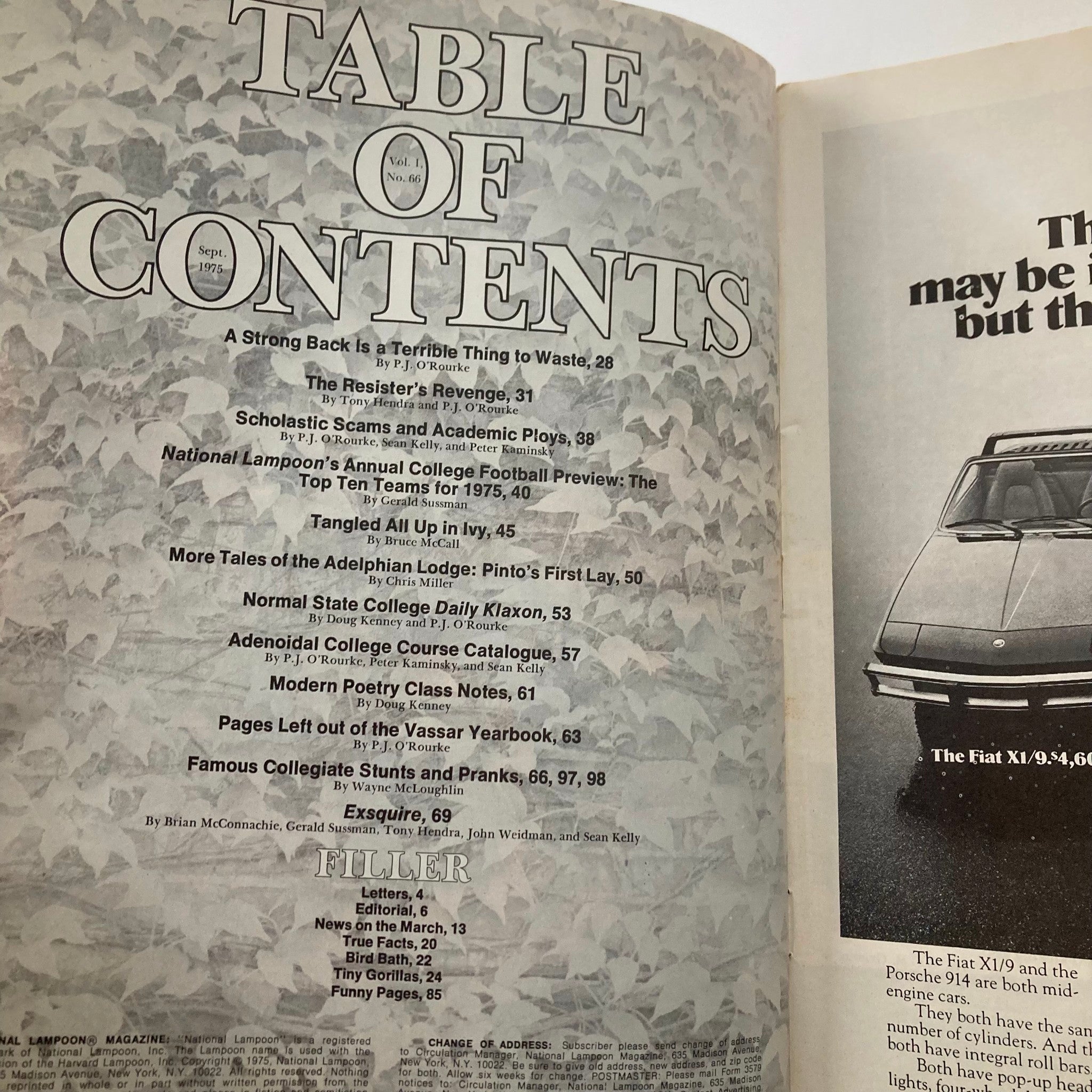 Vintage National Lampoon Magazine September 1975 Table of Contents, showcasing articles on collegiate antics and humor.