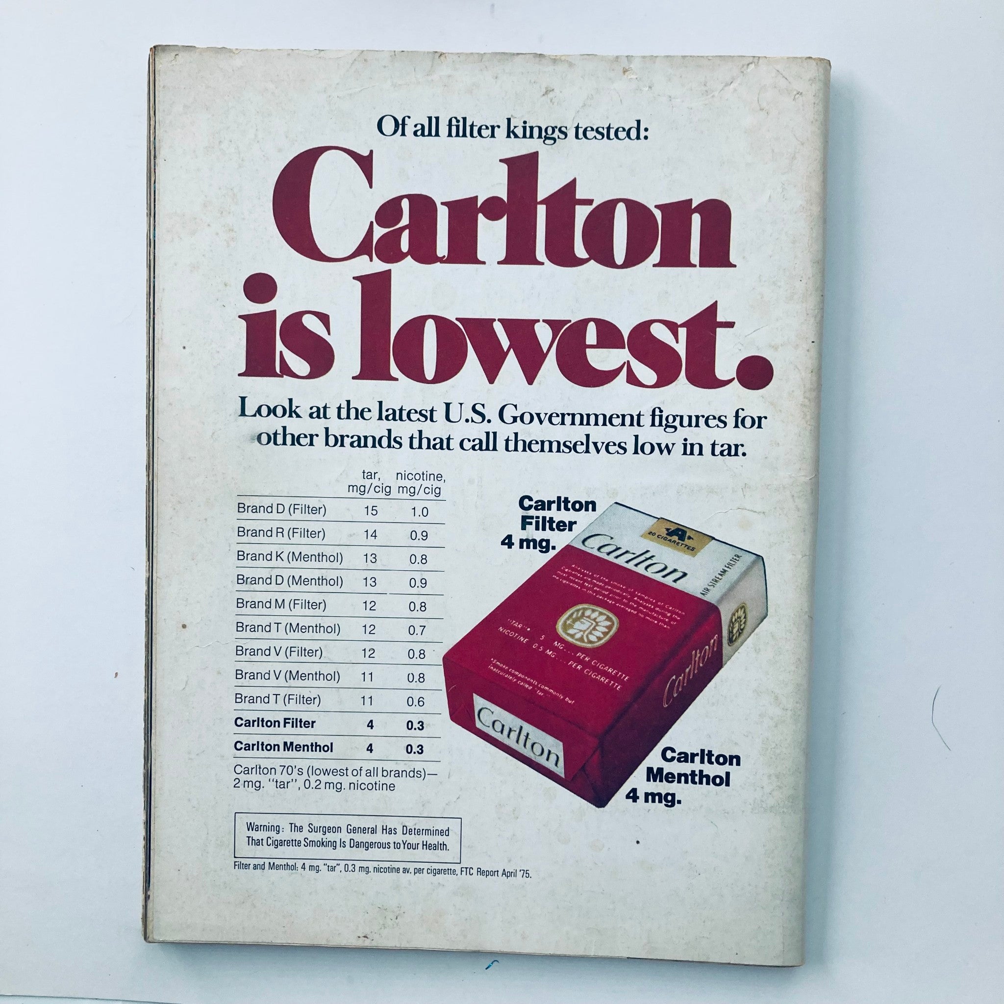 Vintage National Lampoon Magazine September 1975 back cover, featuring a Carlton cigarette advertisement with government health statistics.