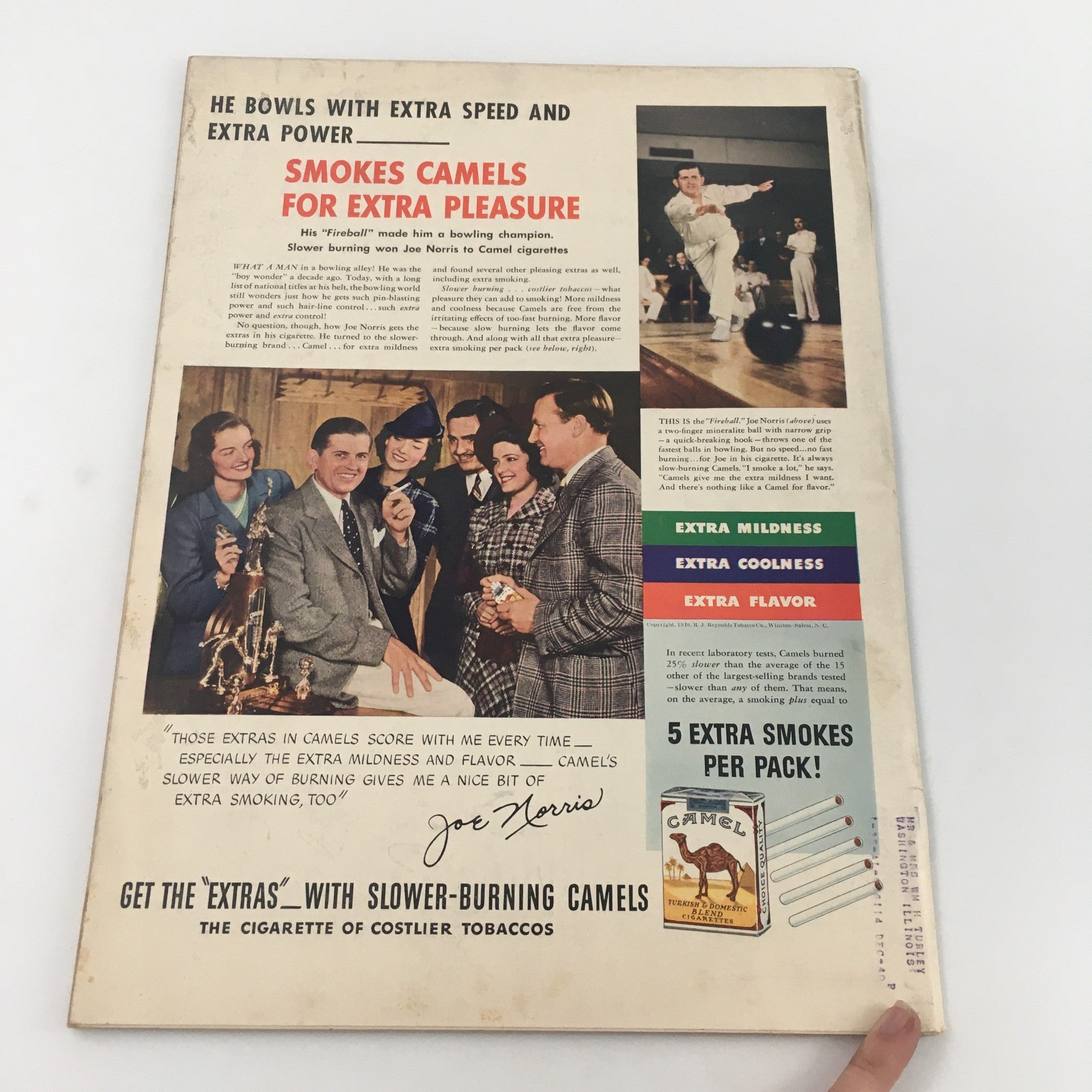 Vintage advertisement for Camel cigarettes featuring bowling champion Joe Norris, promoting extra pleasure in smoking. Related to the VTG Life Magazine December 2 1940 Free Balloonist, Franklin Roosevelt Feature.