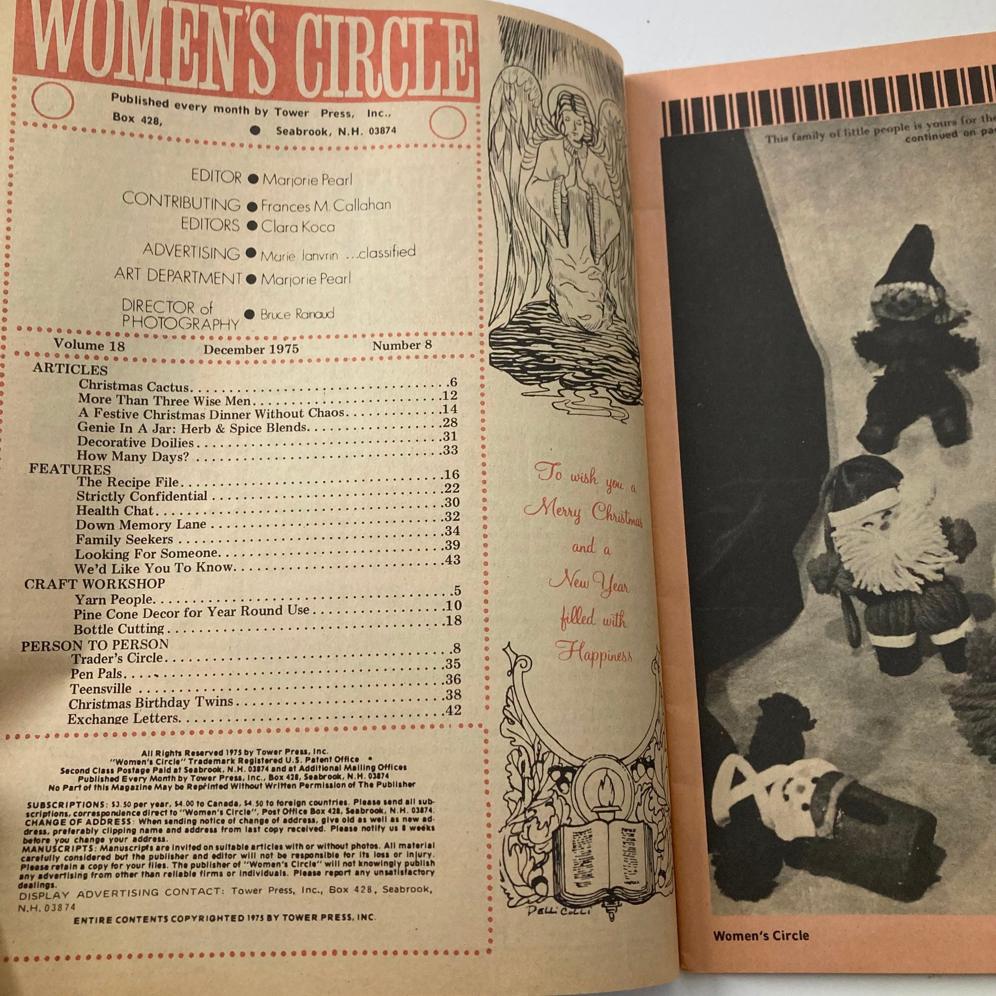 Inside page of the December 1975 Women's Circle Magazine showing the table of contents with festive illustrations and Christmas greetings.