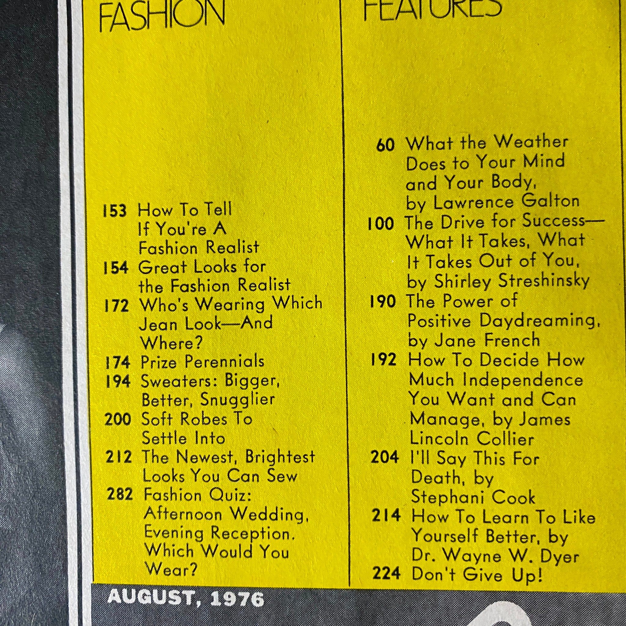 Interior contents page of Glamour Magazine August 1976 highlighting fashion articles and features, including topics on becoming a fashion realist and personal growth.