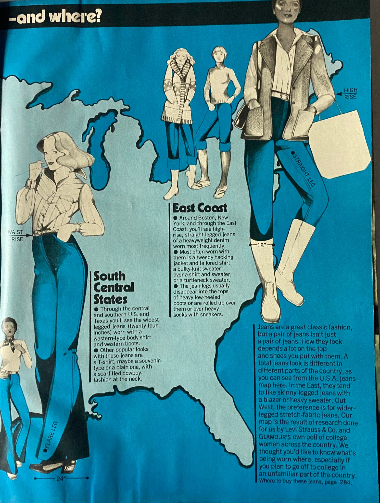 Glamour Magazine August 1976 spread illustrating denim fashion trends with descriptions of styles popular in different regions of the U.S.