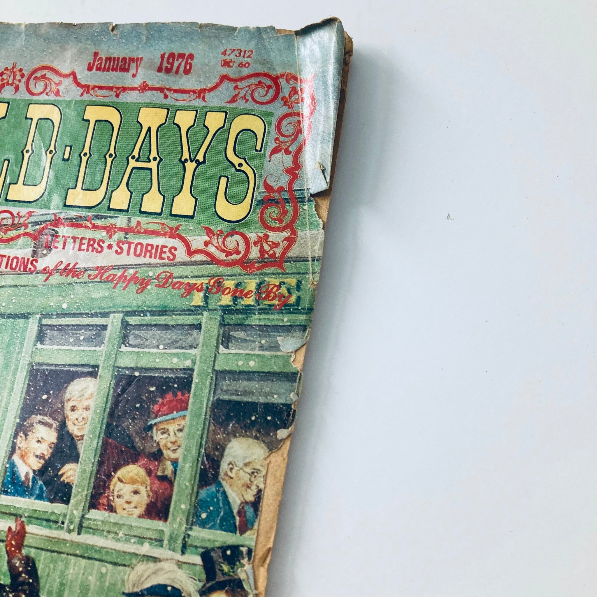 Close-up of the cover of VTG Good Old Days Magazine January 1976, highlighting the title and vintage illustrations.