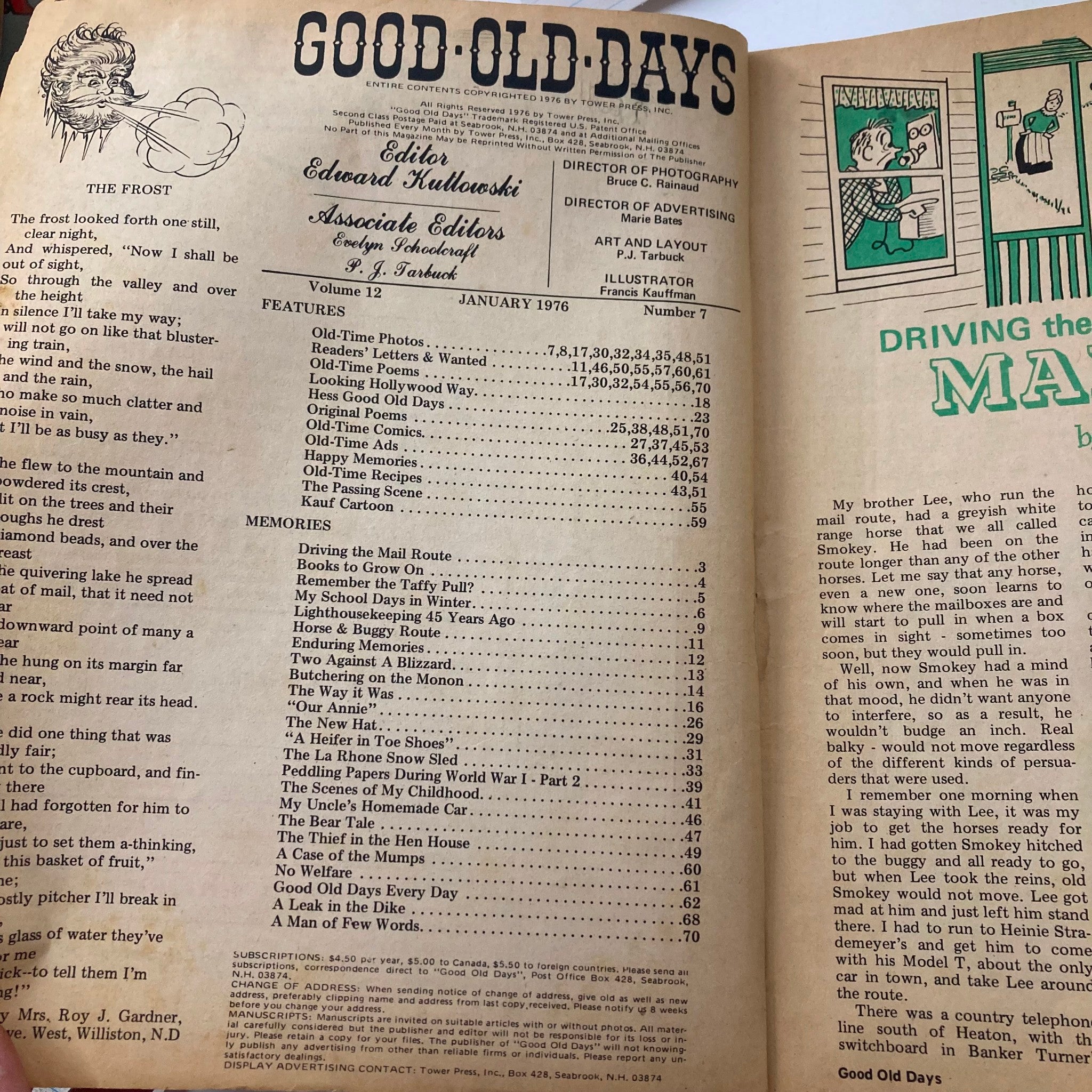 Interior page of VTG Good Old Days Magazine January 1976 showing the table of contents with features, memories, and illustrations.