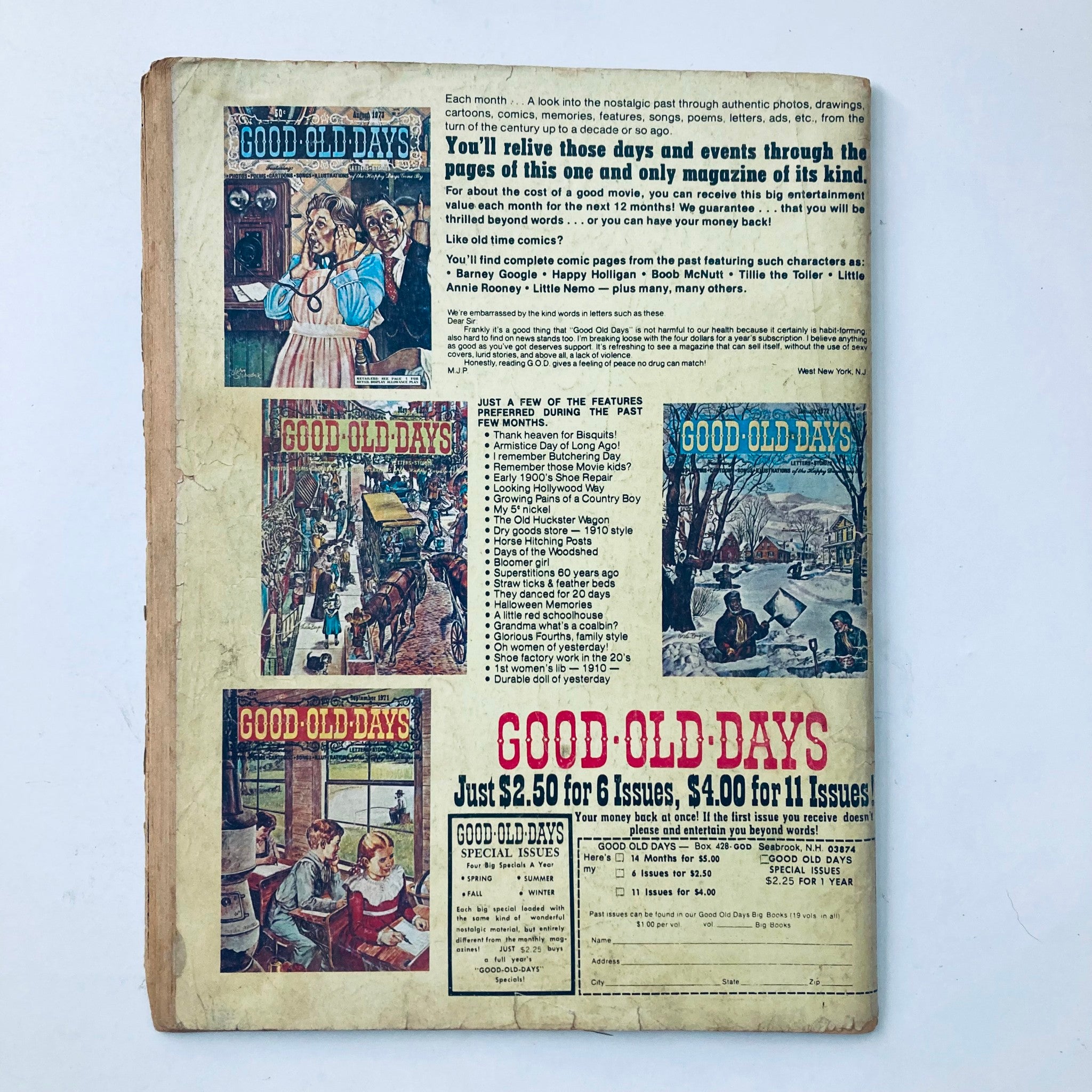 Back cover of VTG Good Old Days Magazine January 1976 featuring advertisements and illustrations related to past events.