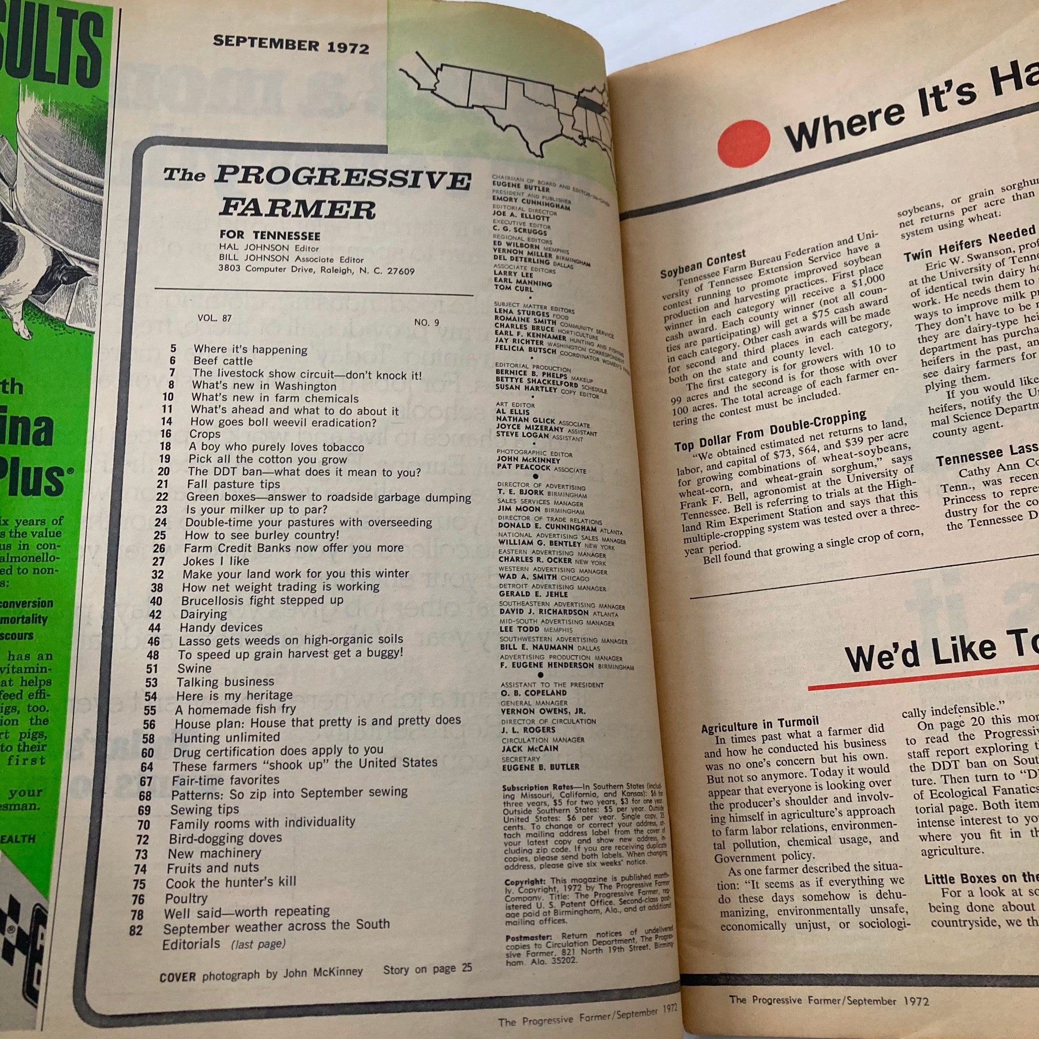 Interior page of The Progressive Farmer Magazine, September 1972, showcasing the table of contents with various agricultural topics and articles about livestock and farming practices.