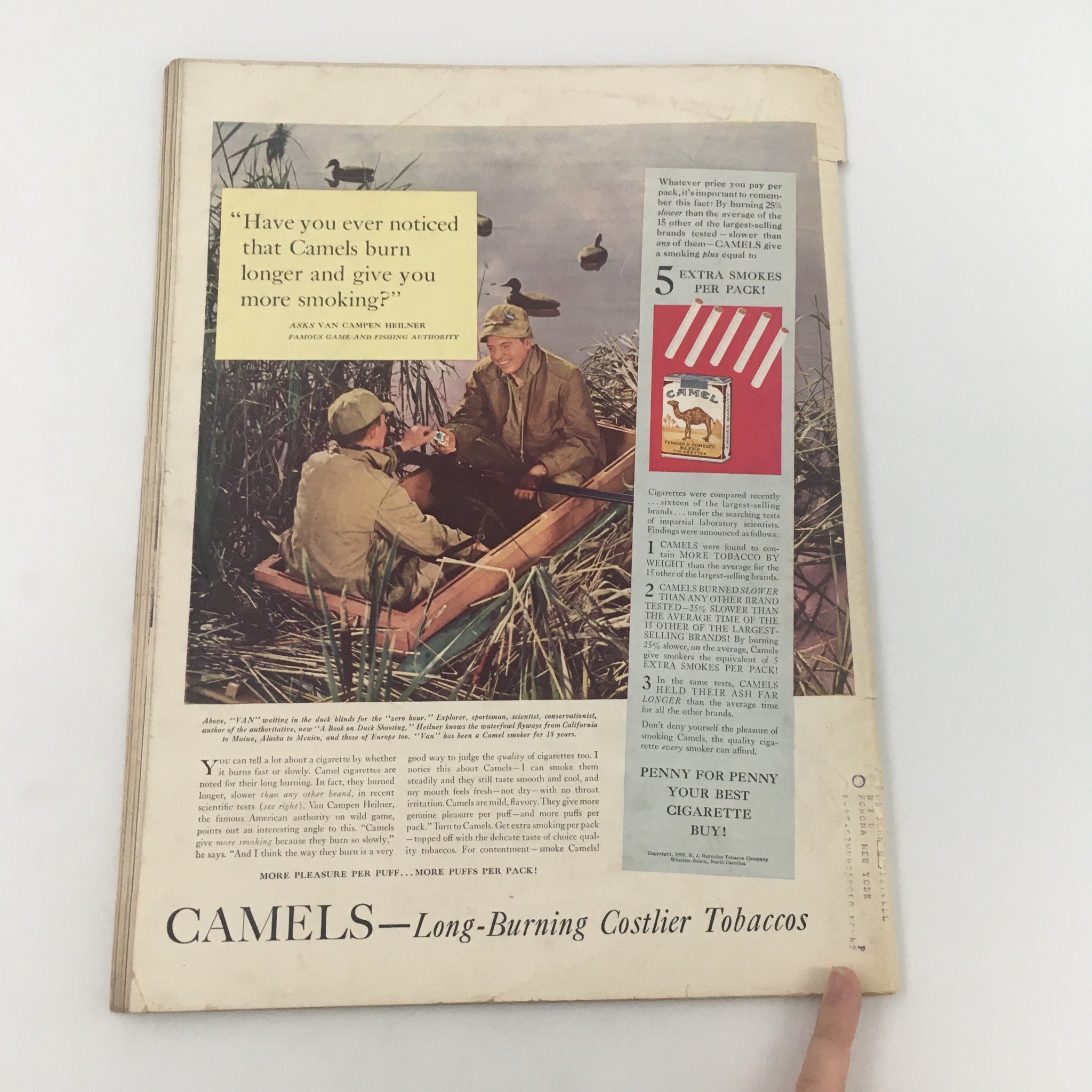Back cover of VTG Life Magazine November 20 1939 with an advertisement for Camels cigarettes featuring two hunters in a boat.