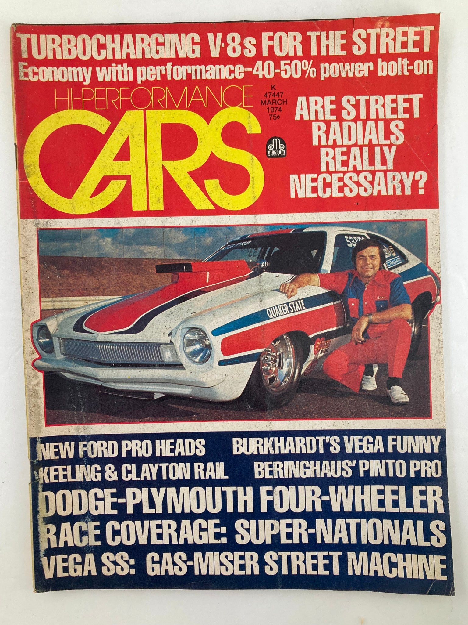 Cover of VTG Cars Magazine March 1974 Vol 17 #3 featuring the headline 'Turbocharging V-8s for the Street' with a bold red and yellow design, showcasing a racing car and an automotive enthusiast.