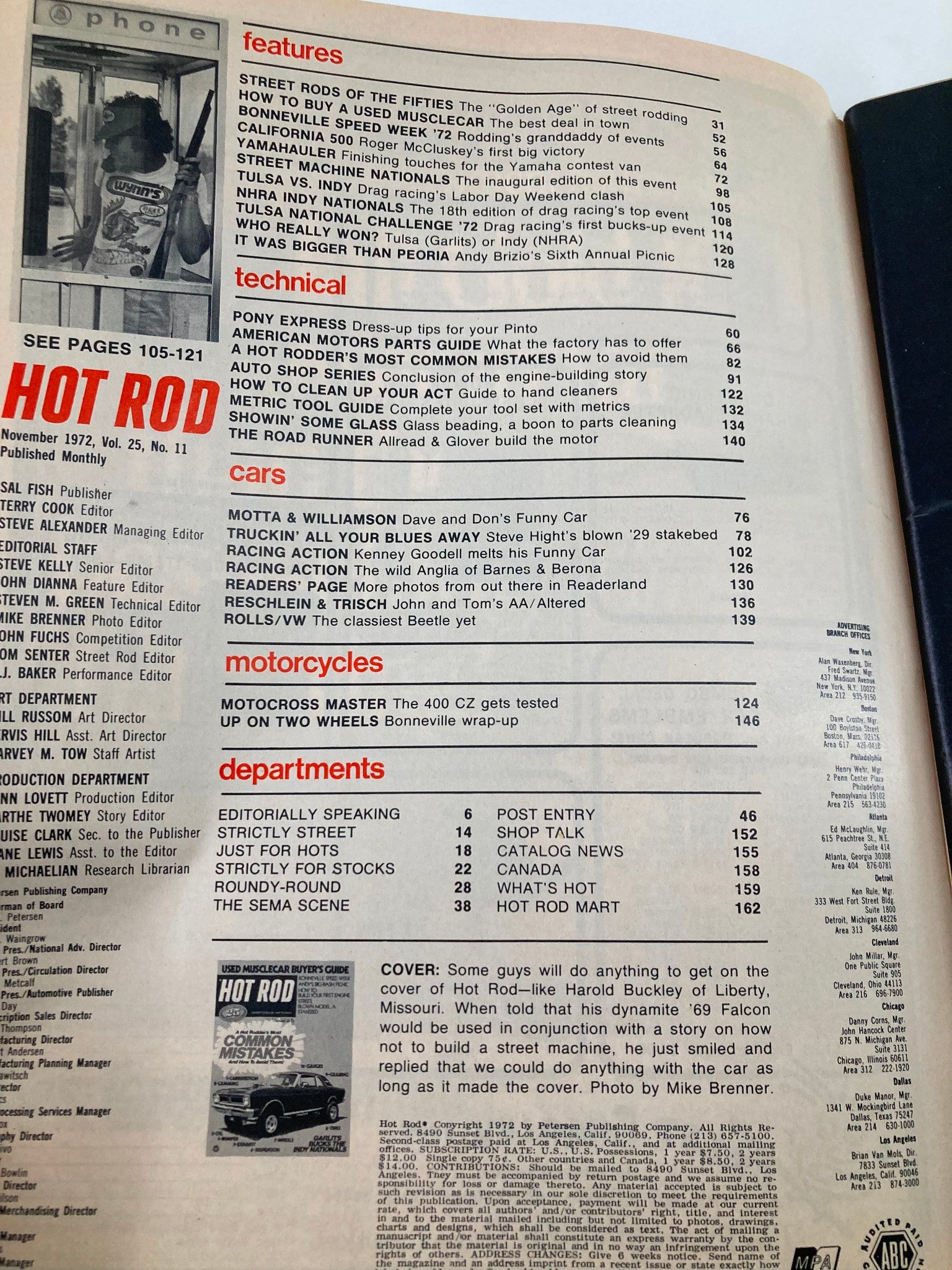 Inside page of VTG Hot Rod Magazine November 1972 Vol 25 #11 displaying table of contents with features and departments related to muscle cars and automotive mechanics.