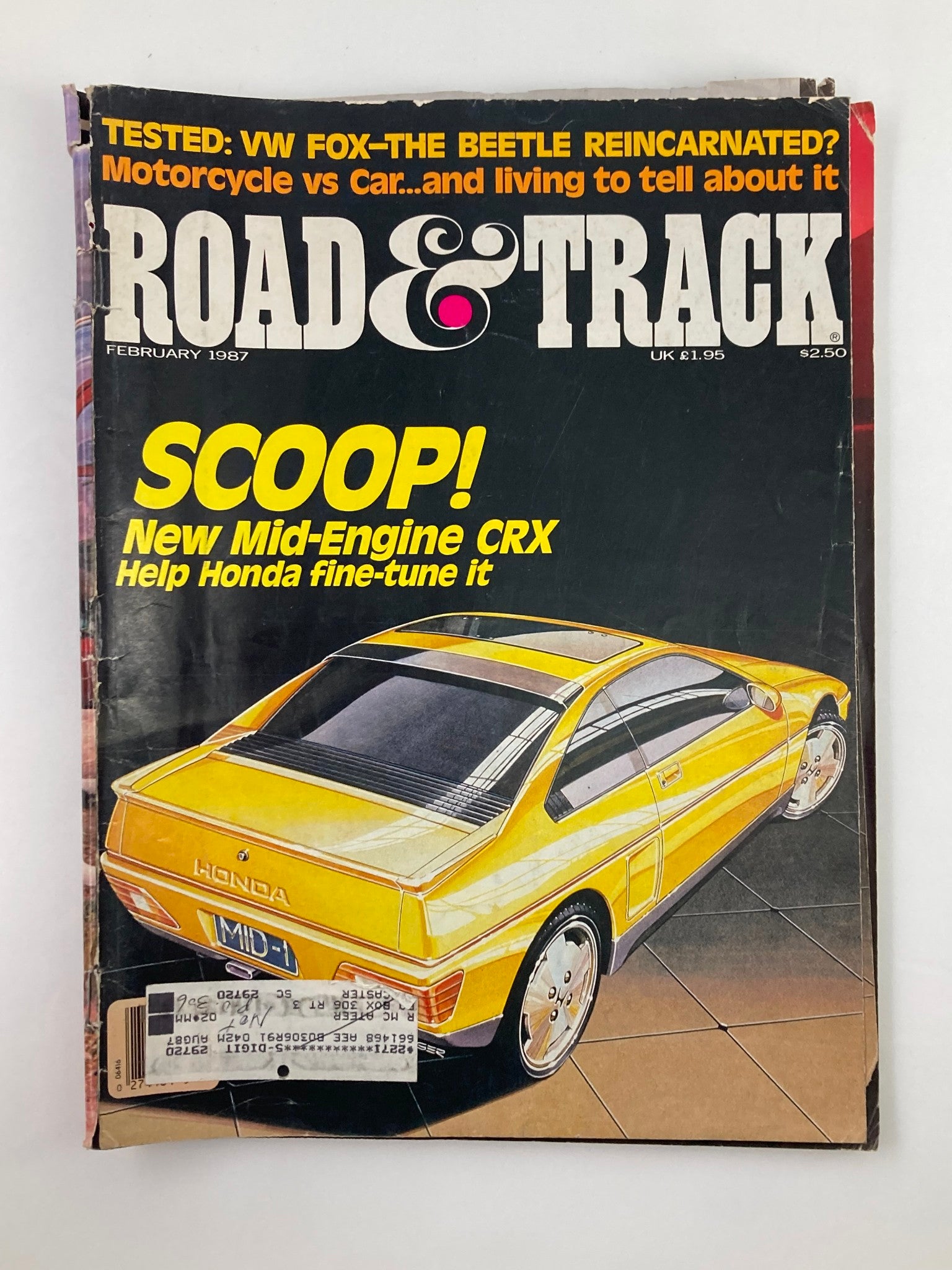 Cover of VTG Road & Track Magazine February 1987 Vol 38 #6 featuring the Mid-Engine CRX, showcasing a vibrant yellow vehicle design and bold headlines.