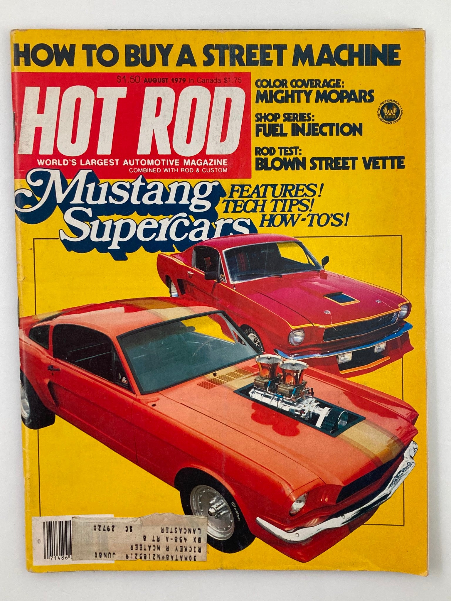 Cover of VTG Hot Rod Magazine August 1979, featuring the GMC-Supercharged Orange Mustang with bold title text and vivid graphics.