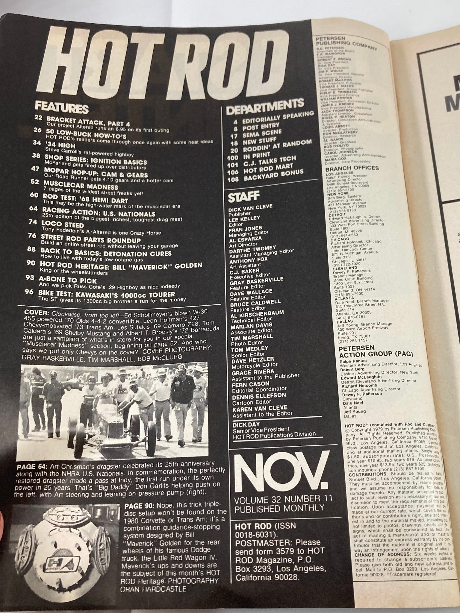 Inside page of VTG Hot Rod Magazine November 1979 featuring features and departments of Vol 32 #11, including street rod parts roundup and special editorial sections.