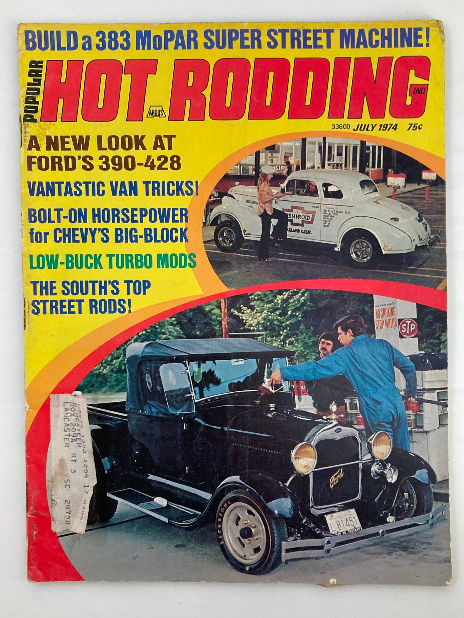 Cover of Popular Hot Rodding Magazine, July 1974, Vol 13 #7 featuring a classic street rod and retro automotive scene, highlighting low-buck turbo modifications.
