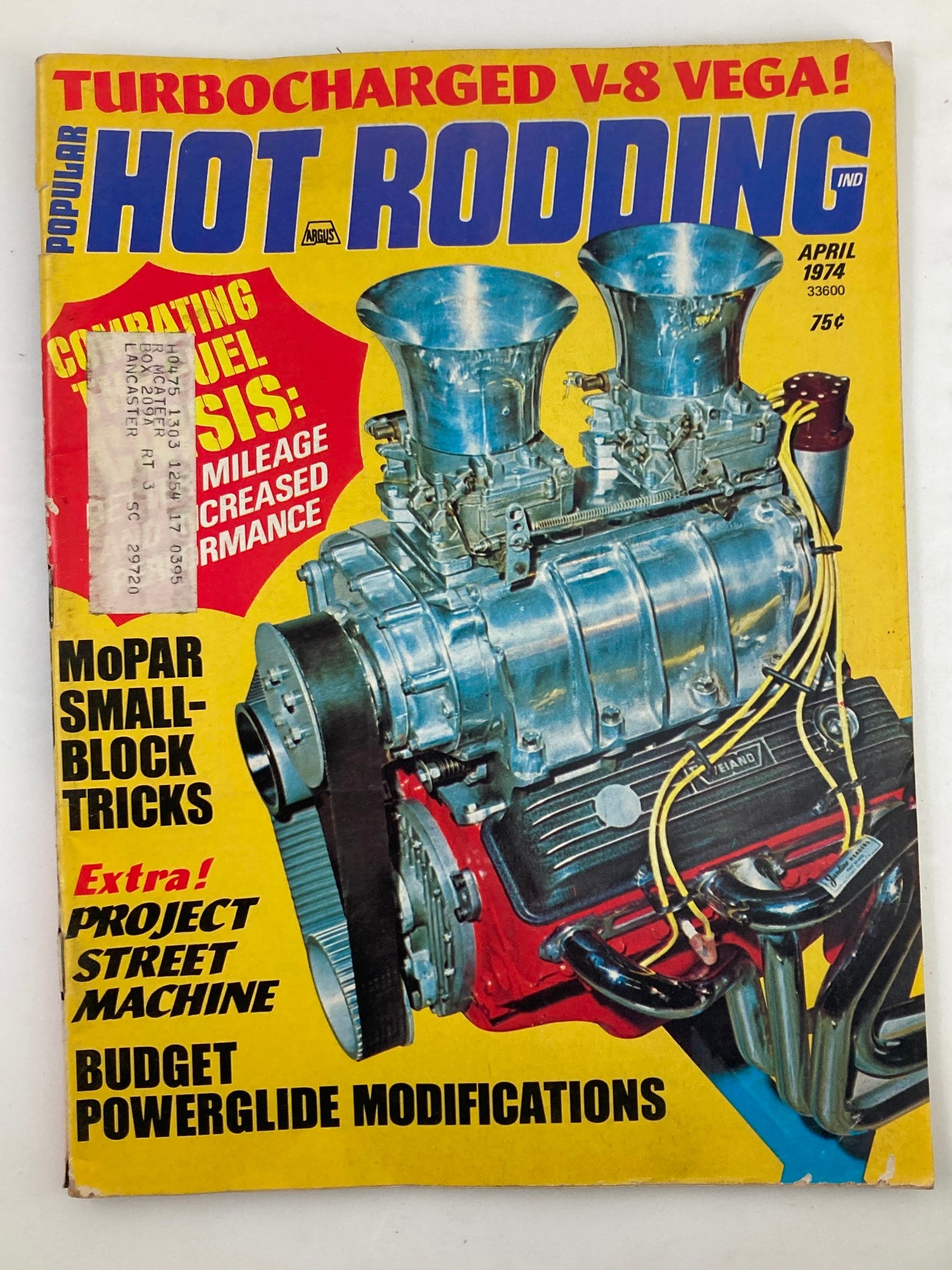 VTG Popular Hot Rodding Magazine April 1974, featuring a vibrant cover showcasing turbocharged V-8 with MoPar small-block tricks.