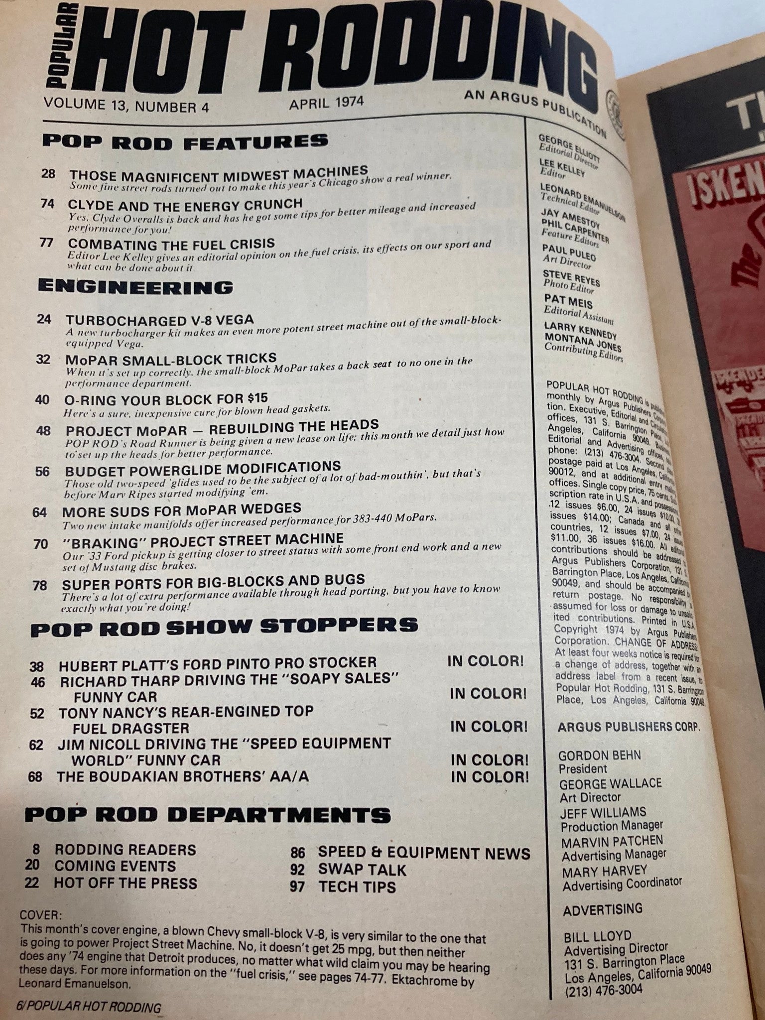 Interior page from VTG Popular Hot Rodding Magazine April 1974, displaying engineering features and articles on performance tuning.