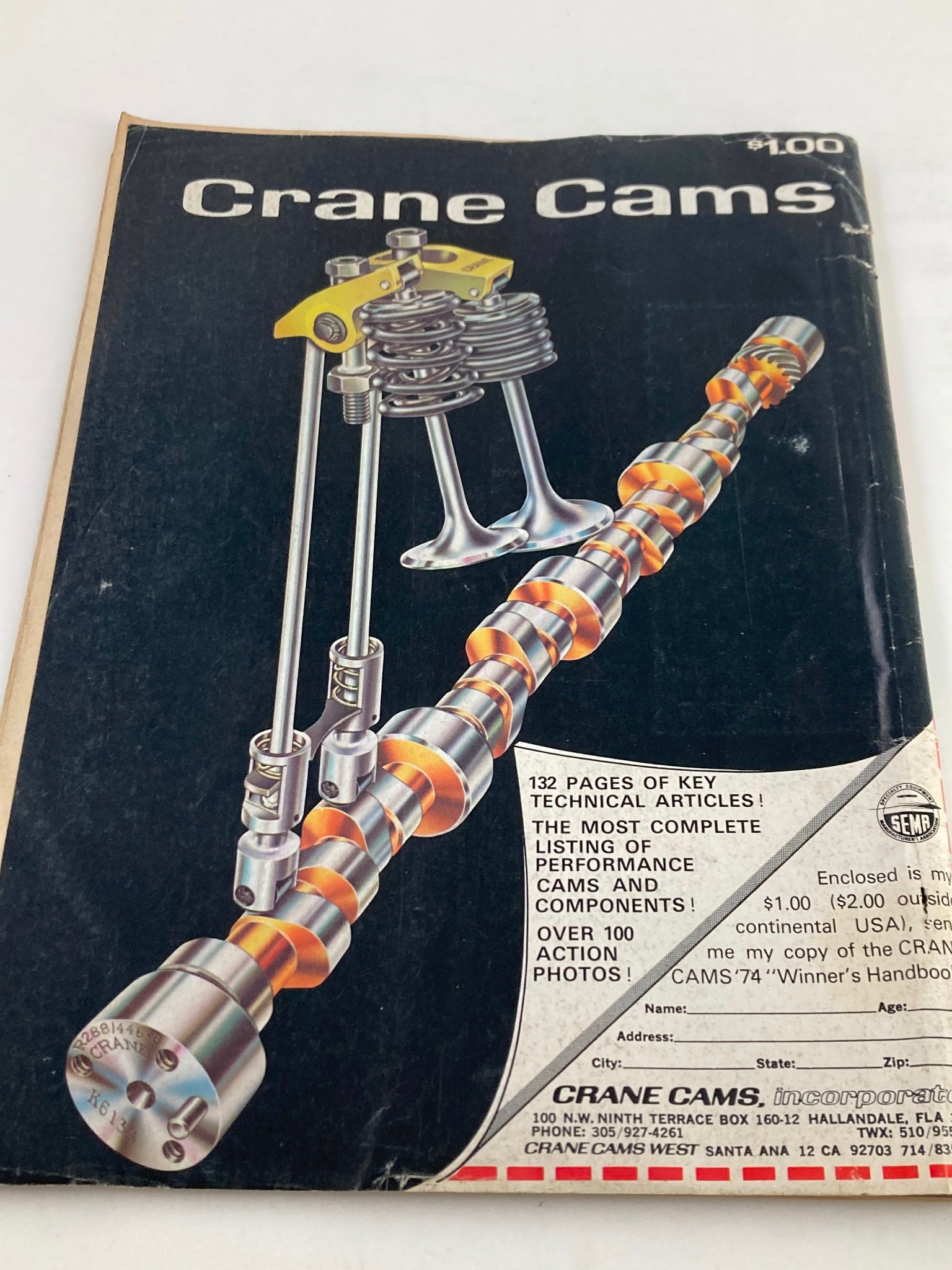 Back cover of VTG Popular Hot Rodding Magazine April 1974, featuring Crane Cams promotional material with technical illustrations.