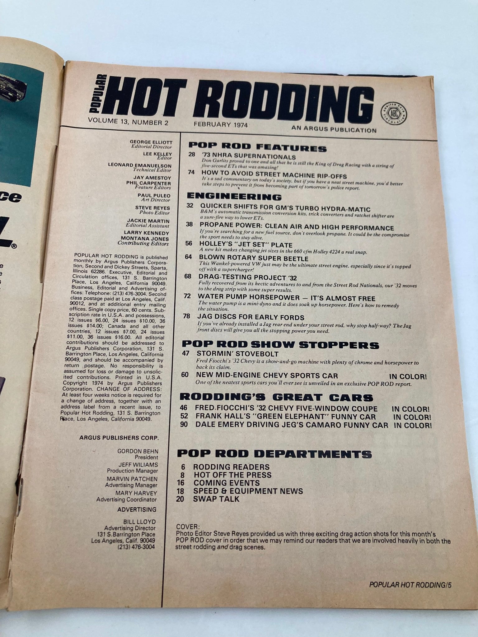 Inside page of VTG Hot Rodding Magazine February 1974 Vol 13 #2 featuring article headings and editorial staff listing, showcasing classic car content.