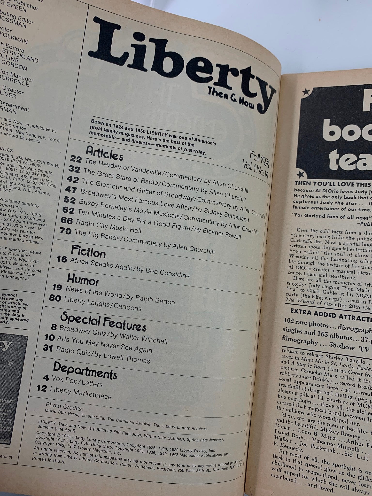 Inside spread of VTG Liberty Magazine Fall 1974 displaying table of contents, highlighting features on Broadway, vaudeville, and notable articles from the era.