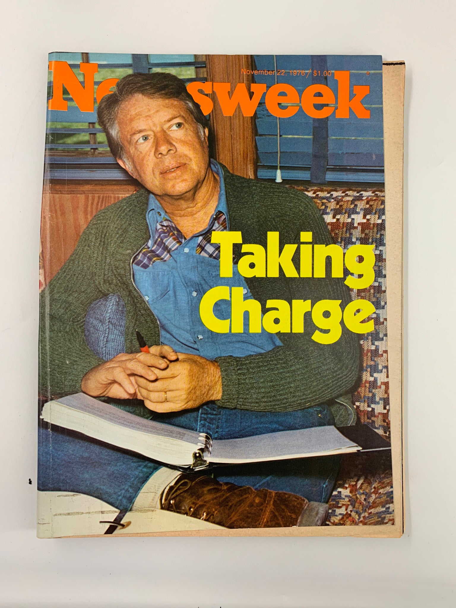 VTG Newsweek Magazine November 22 1976 U.S. President Jimmy Carter cover featuring the title 'Taking Charge' with an informative image of Carter deep in thought.