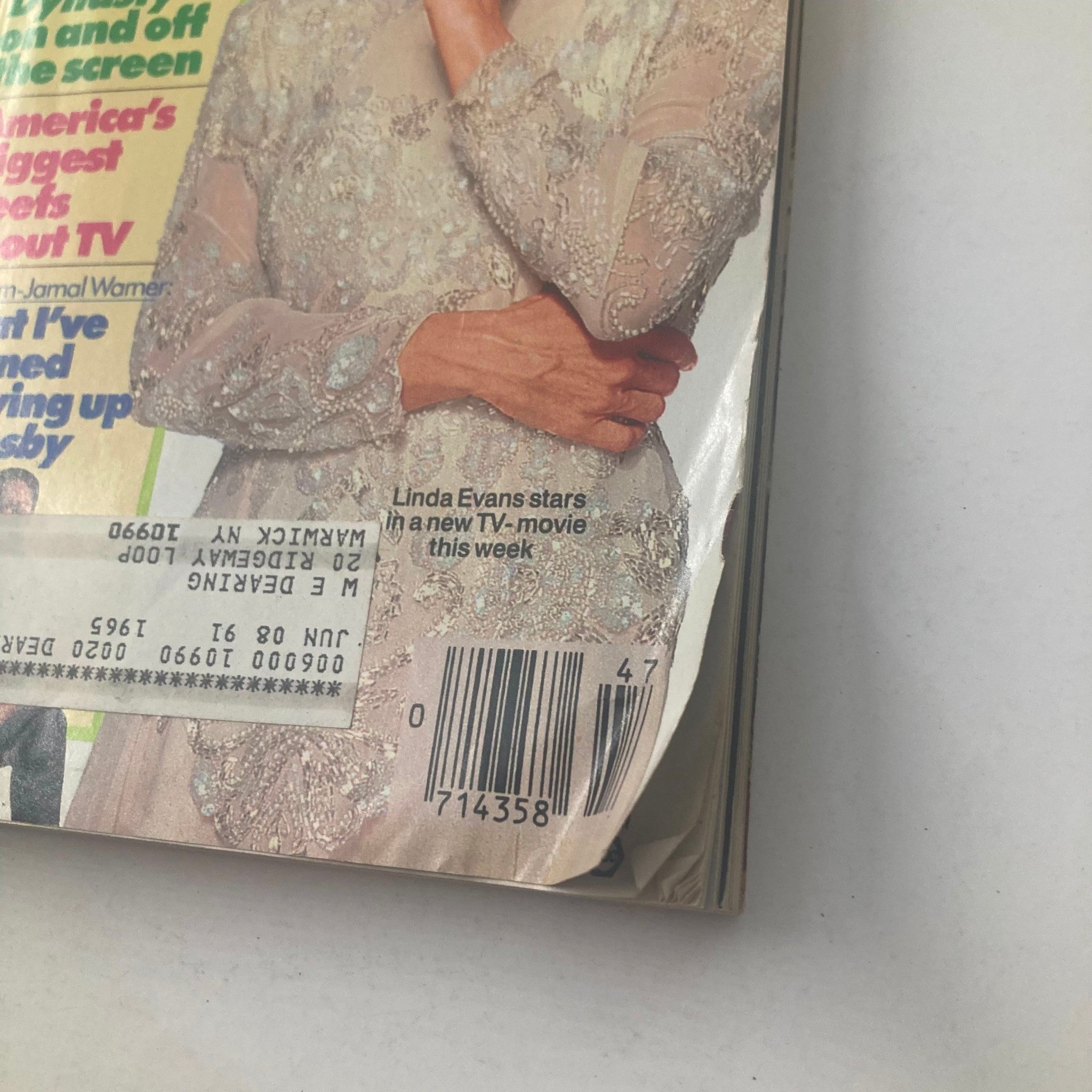 Close-up of the TV Guide Magazine November 24 1990, displaying Linda Evans and article on her career after Dynasty, along with Malcolm-Jamal Warner.