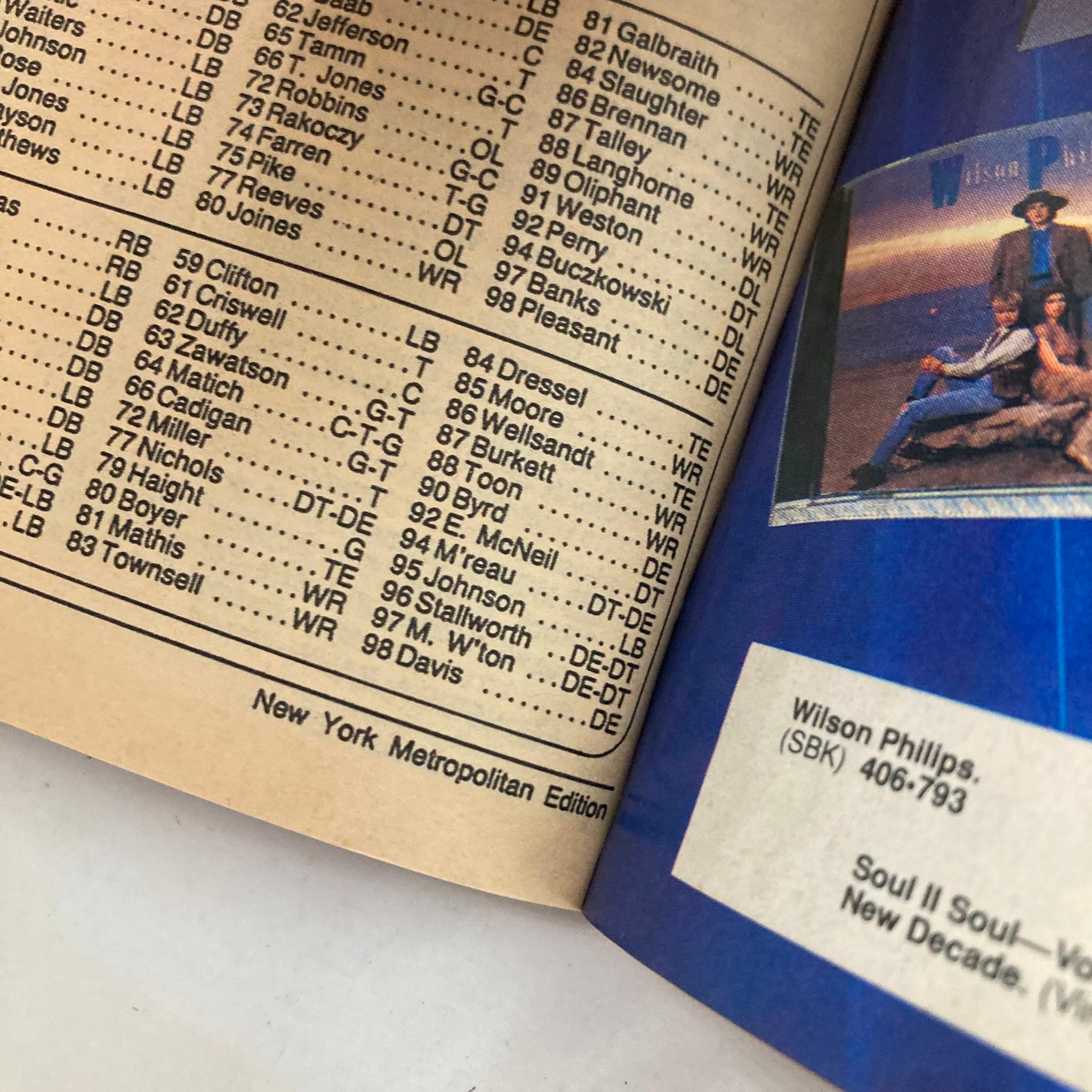 Interior page of TV Guide Magazine September 15 1990 showing show listings and an advertisement for Wilson Phillips, reflecting the 1990s pop culture.