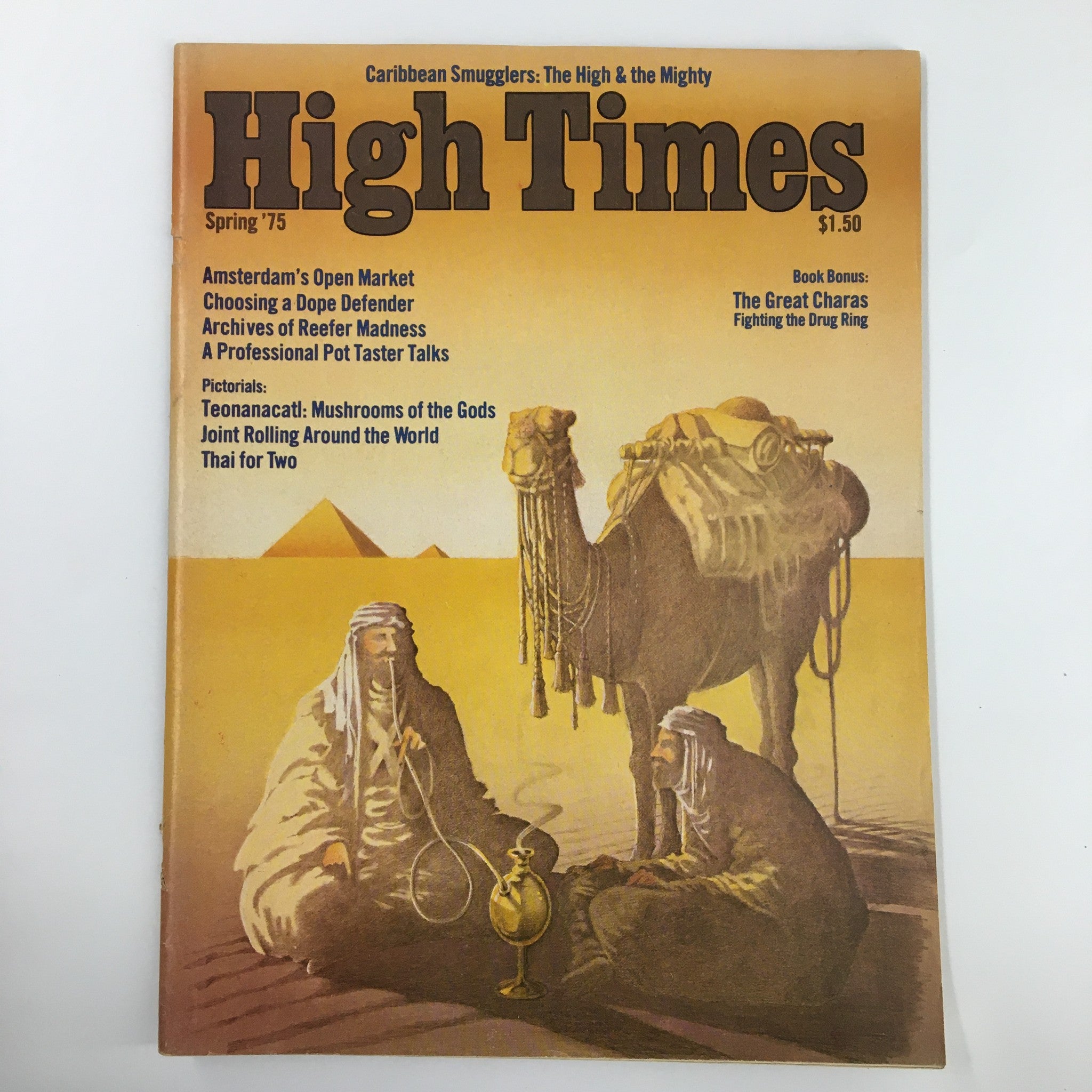 VTG High Times Magazine Spring 1975 cover featuring articles on cannabis culture including 'A Professional Pot Taster Talks' and pictorials on mushrooms and joint rolling.