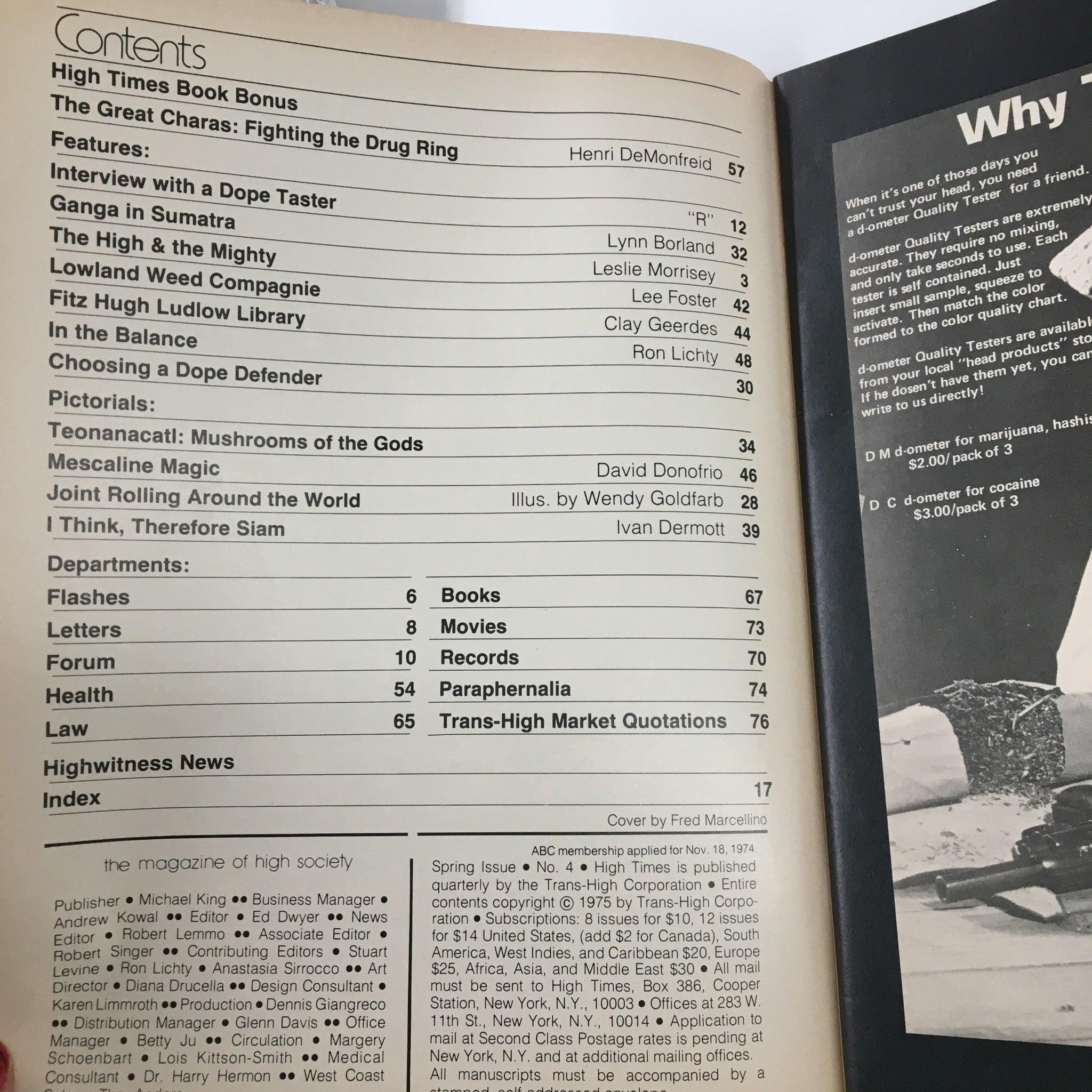 Contents page of VTG High Times Magazine Spring 1975, listing features and articles including 'Interview with a Dope Taster' and 'Choosing a Dope Defender'.