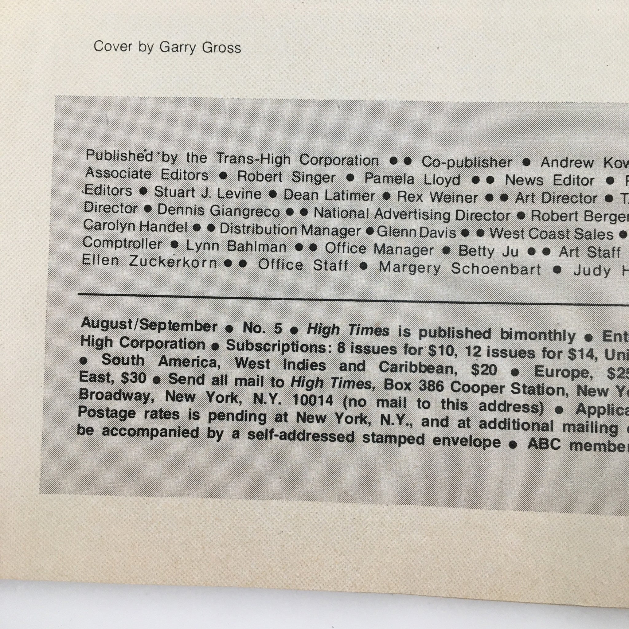 Another interior page of VTG High Times Magazine August 1975, detailing publication information and subscription offers.