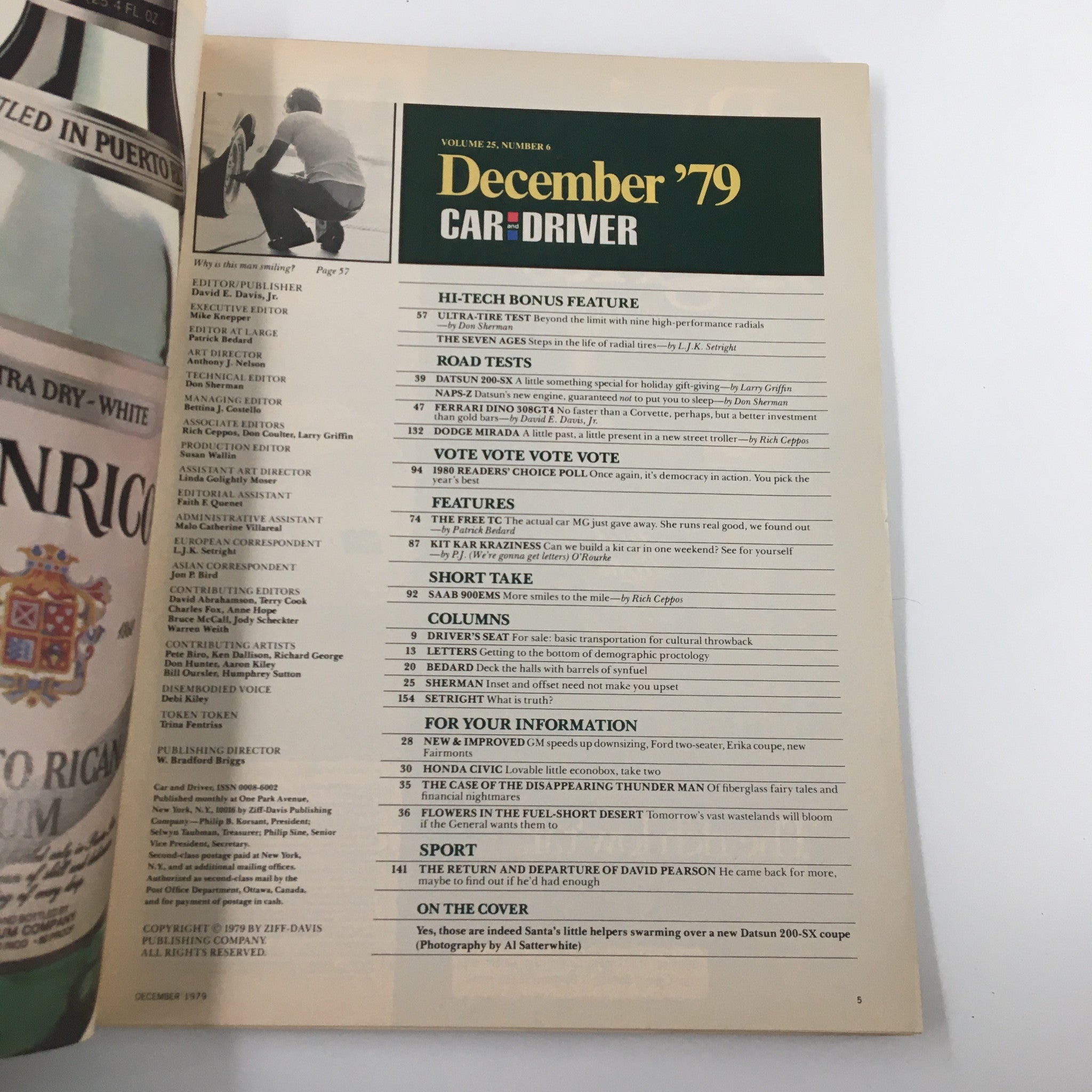 Table of contents from the December 1979 issue of Car and Driver Magazine, featuring articles including the Datsun 200-SX Coupe and other highlights of the automotive industry.