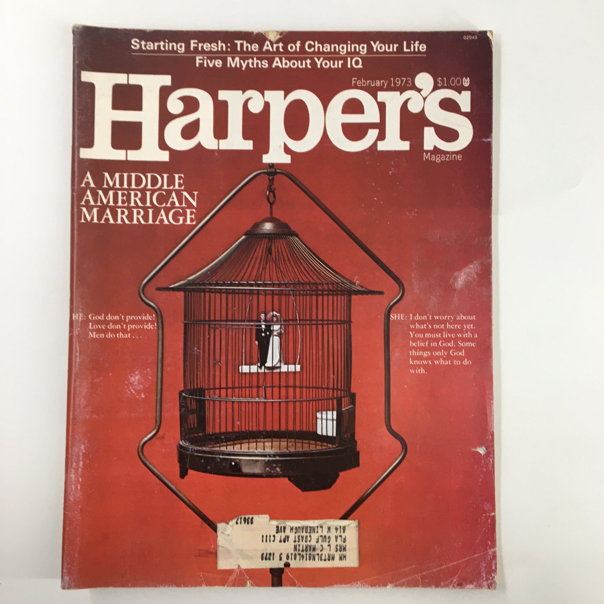 Cover of VTG Harper's Magazine February 1973 featuring the article 'A Middle American Marriage' with a striking image of a birdcage and figurines of a bride and groom.