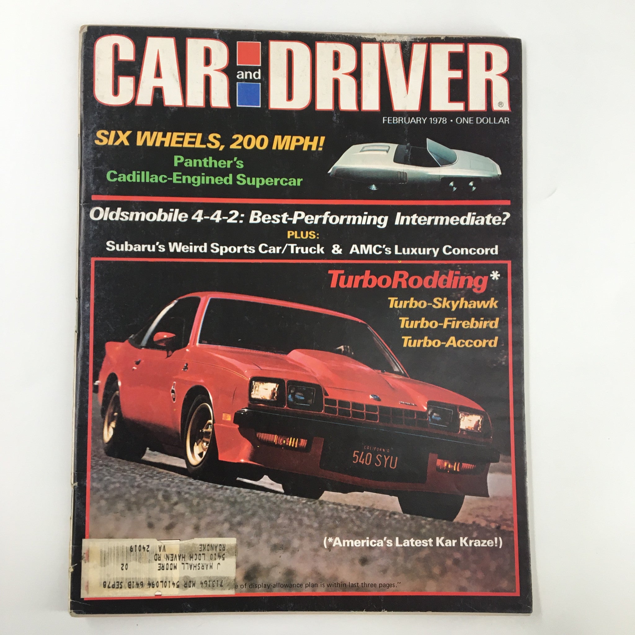 Car and Driver Magazine cover from February 1978 featuring Panther's Cadillac-engined supercar with a red car visible and headlines about automotive topics.