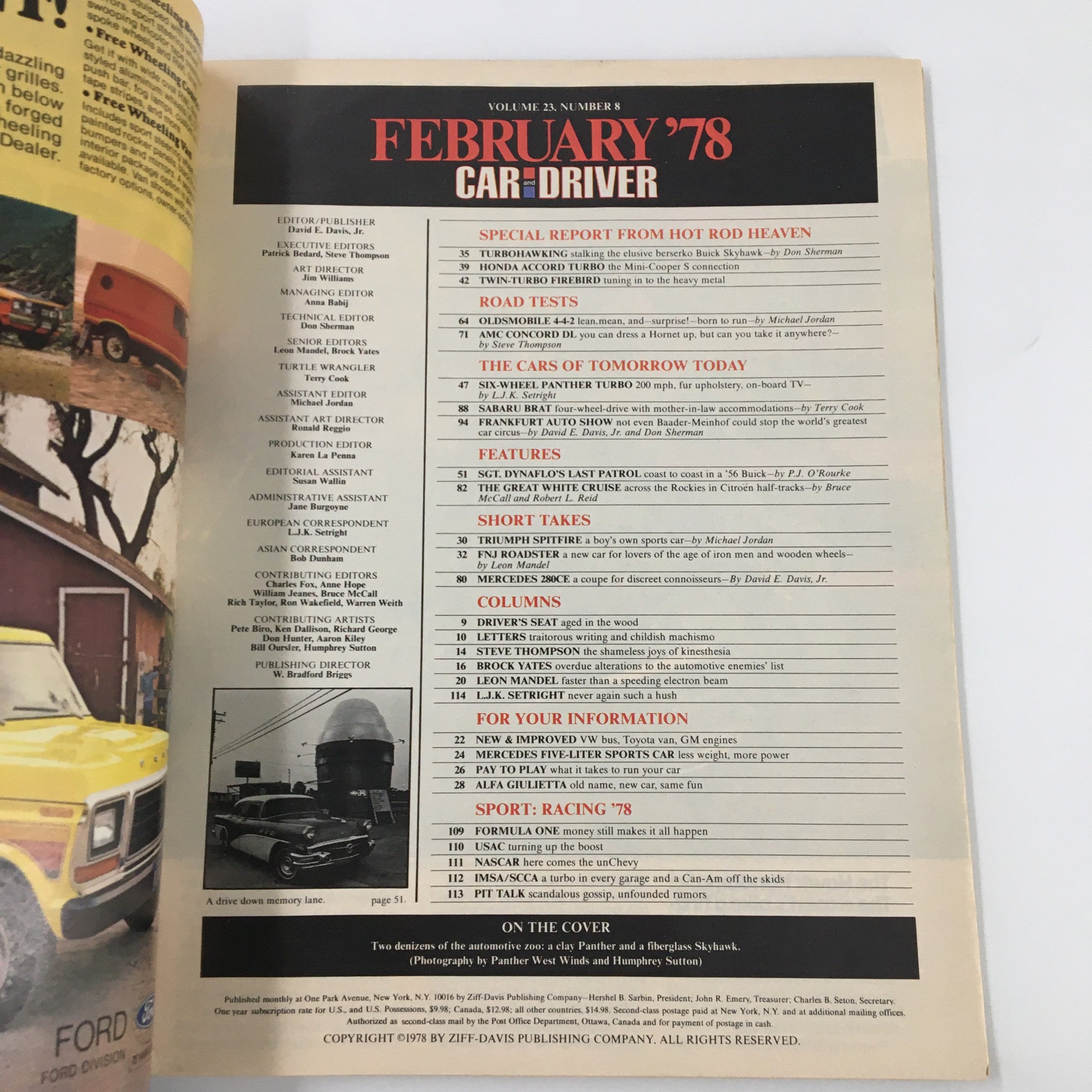 Interior page of Car and Driver Magazine February 1978 displaying the table of contents with featured articles and topics, including the Panther's Cadillac-engined supercar.