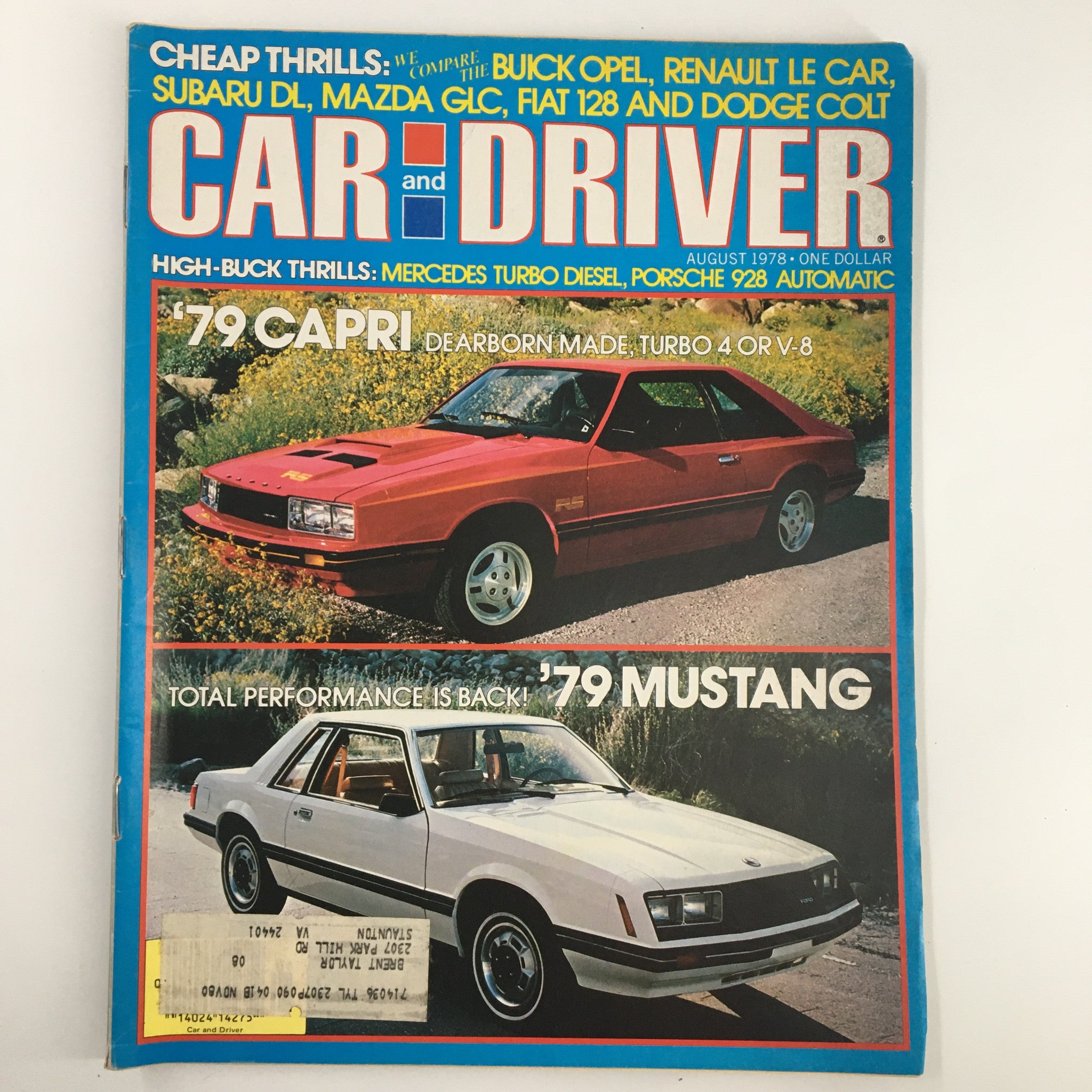 Cover of VTG Car and Driver Magazine August 1978 featuring the comparison of the 1979 Capri and Mustang with images of the vehicles and advertisements.