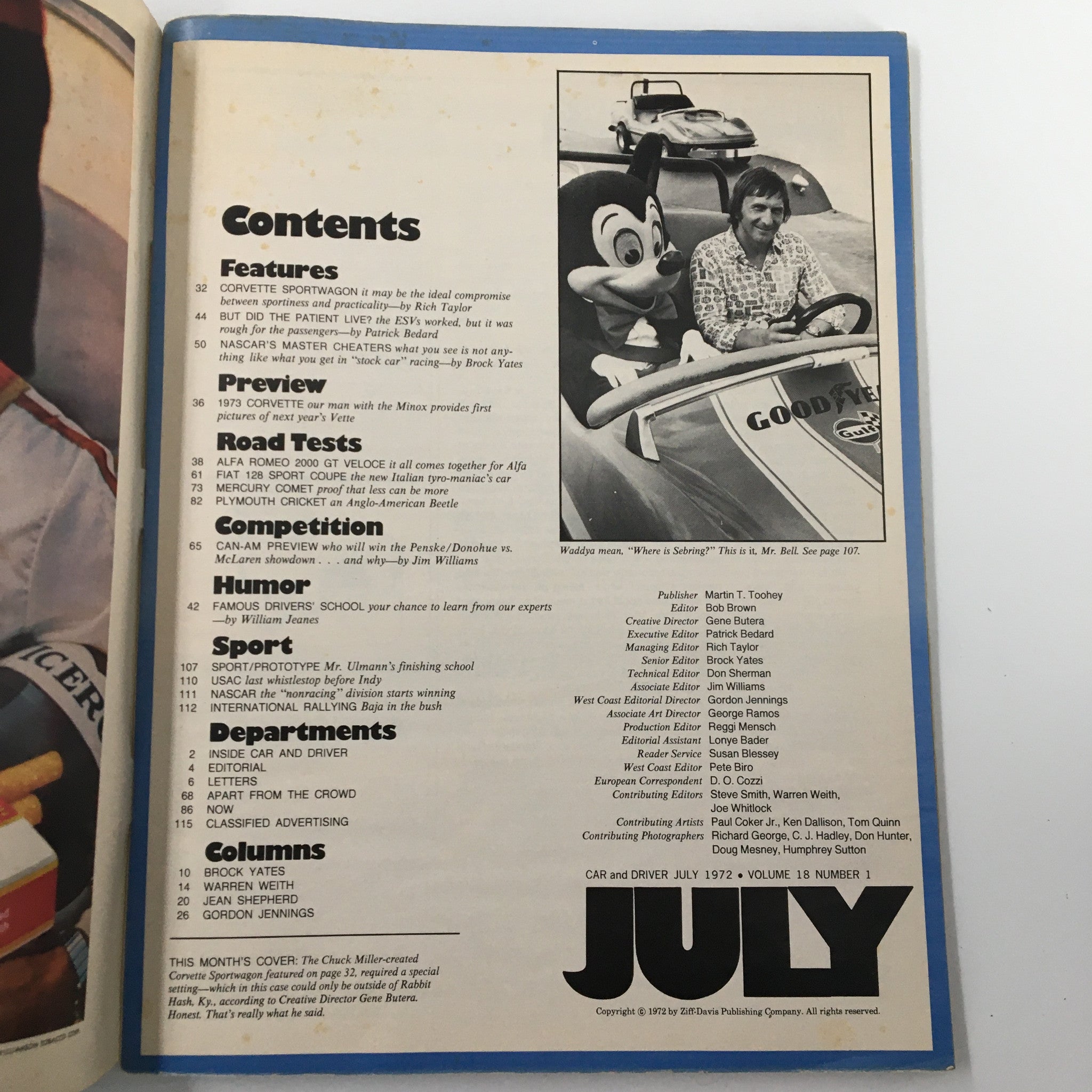 Contents page of VTG Car and Driver Magazine July 1972, featuring various articles including NASCAR's Master Cheaters Tell All and a cartoon character with a driver.