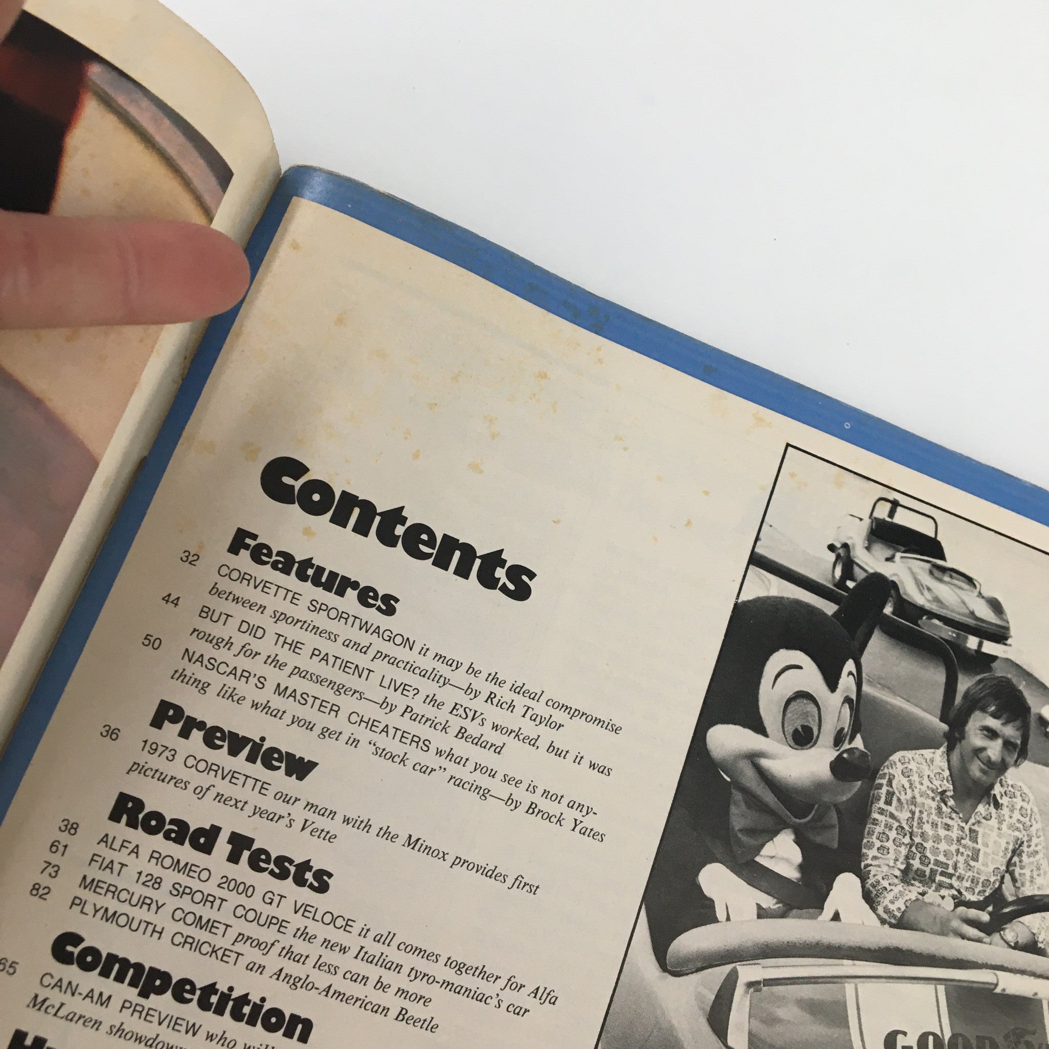 Close-up of the contents section from VTG Car and Driver Magazine July 1972, highlighting features such as CORVETTE SPORTWAGON and NASCAR's Master Cheaters Tell All.