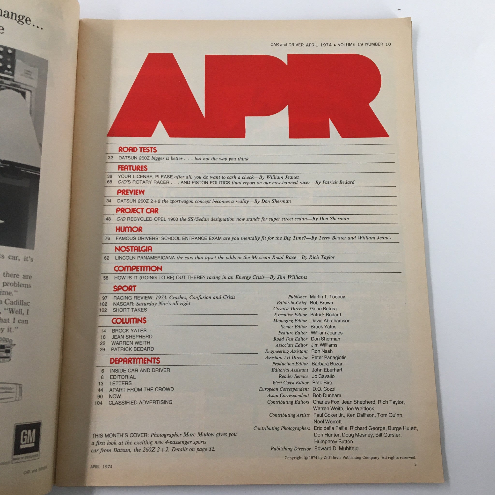Page from the Car and Driver Magazine April 1974 featuring the table of contents, highlighting articles such as 'Road Tests', 'Project Car', and 'Competition'. This issue covers the USAC-SCCA-NASCAR Stand-Off, offering insights into American motorsports.
