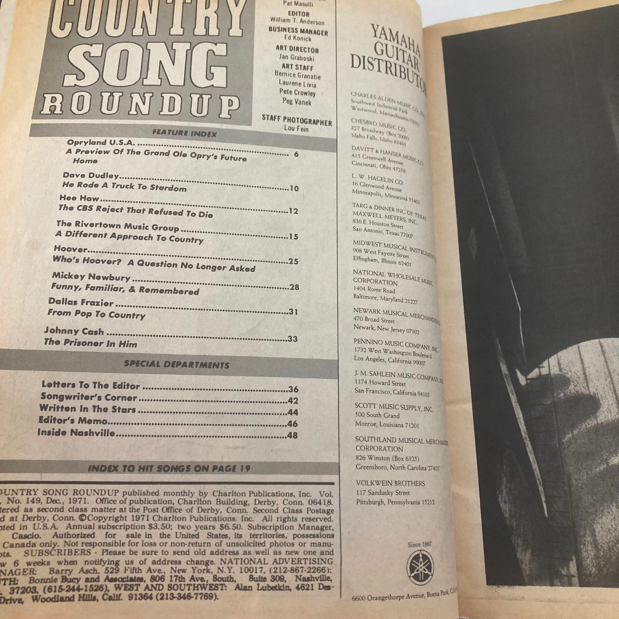 Inside page of VTG Country Song Roundup Magazine December 1971 featuring the table of contents and feature index, including Johnny Cash's article 'The Prisoner in Him'.