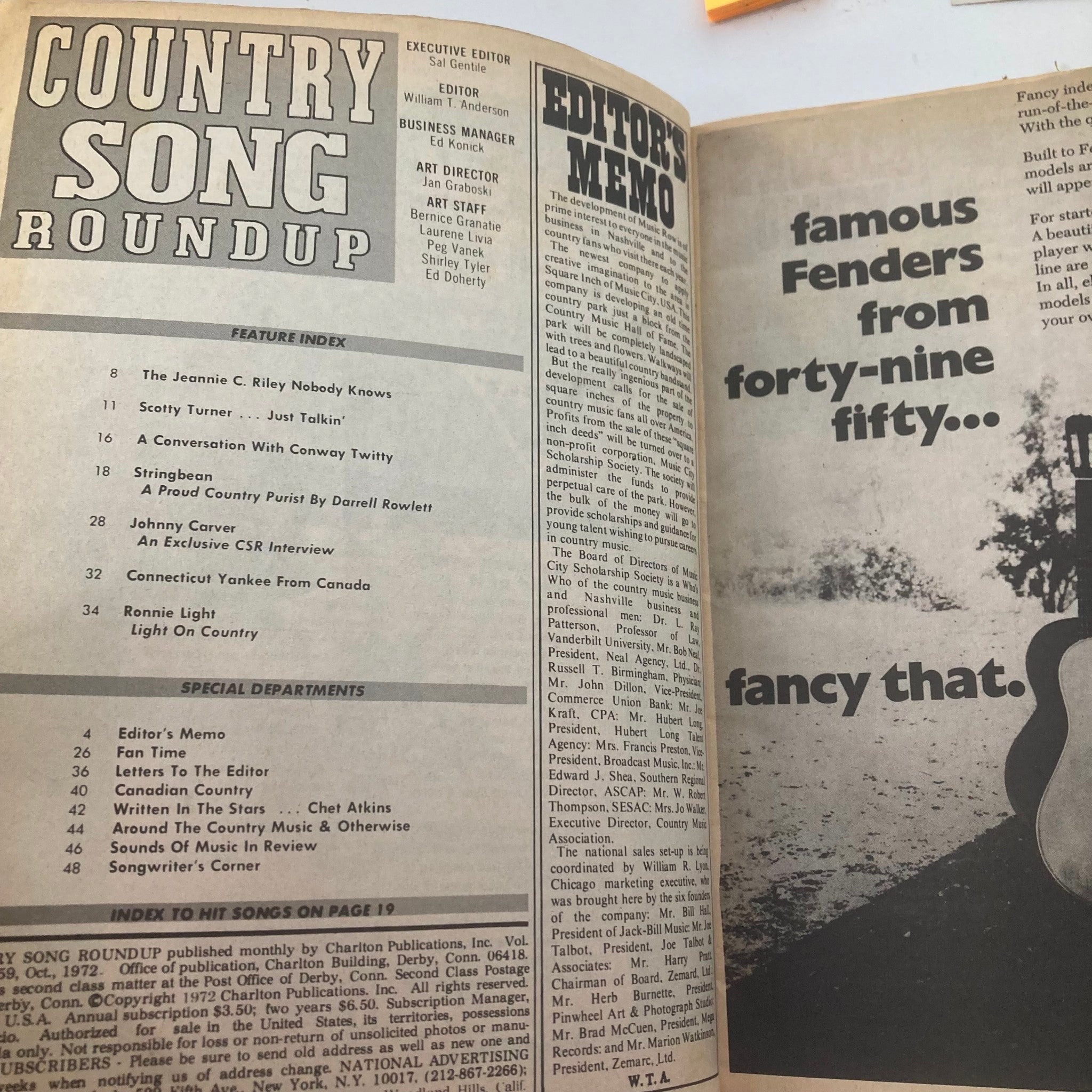Inside view of VTG Country Song Roundup Magazine, October 1972, featuring an editor's memo and feature index, highlighting articles including 'The Jeannie C. Riley Nobody Knows' and a conversation with Conway Twitty.