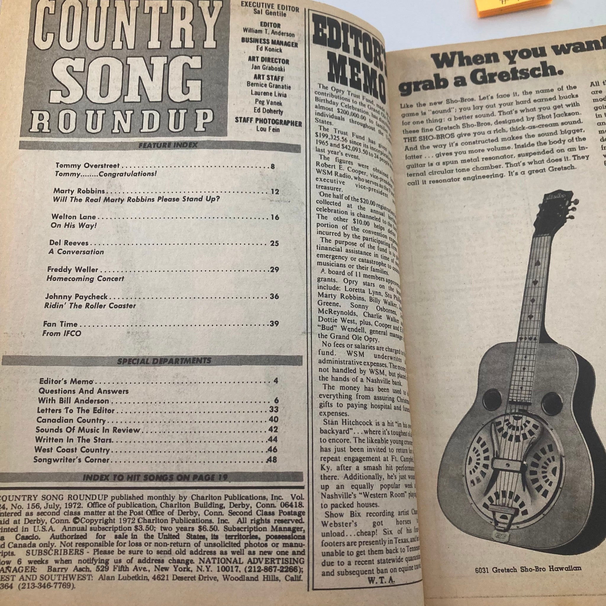 Inside page of the VTG Country Song Roundup Magazine from July 1972 showcasing the feature index with Tommy Overstreet on the cover. The page includes a list of artists and articles such as Marty Robbins and Johnny Paycheck, highlighting the magazine's focus on country music culture of the early '70s.