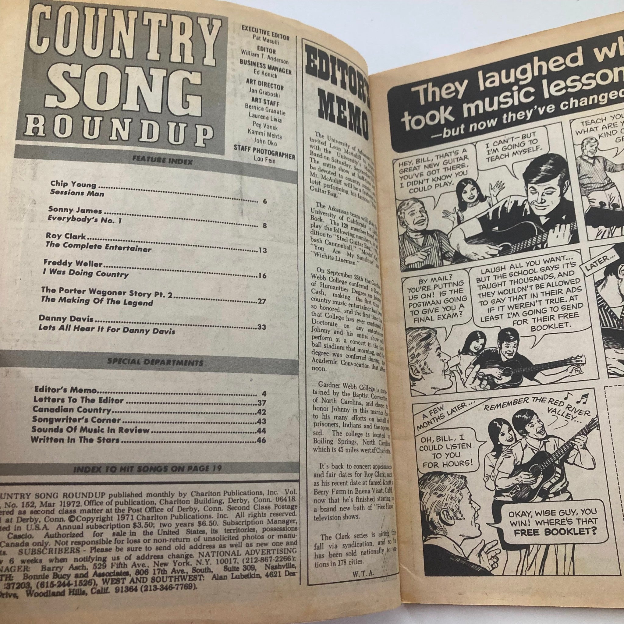 Inside page of VTG Country Song Roundup Magazine March 1972 showing the feature index and editorial memo. The page lists contributions from artists like Sonny James, Roy Clark, and others, emphasizing the magazine's role in documenting the country music landscape during the 1970s.