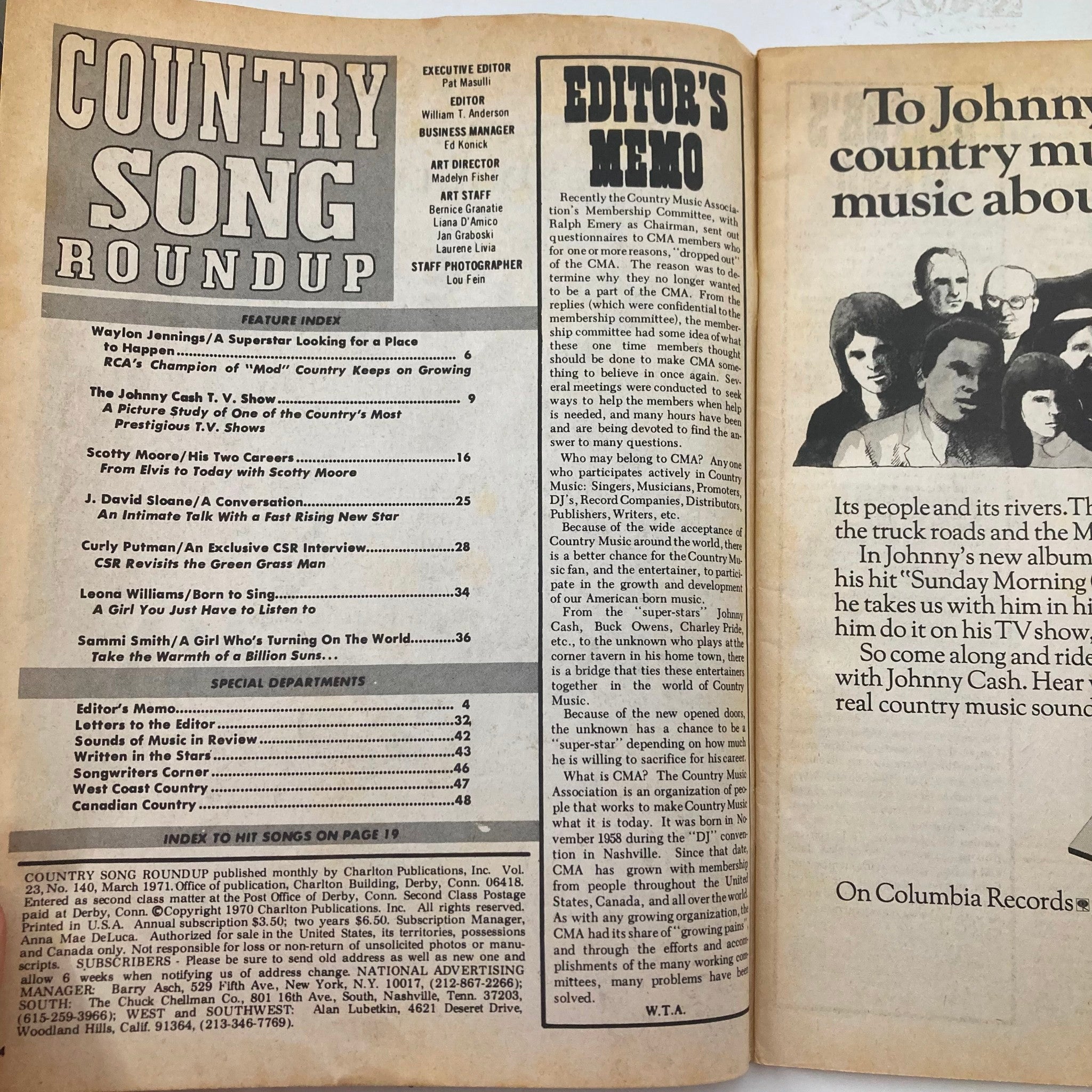 Inside page of VTG Country Song Roundup Magazine March 1971, featuring the table of contents and editor's memo, highlighting iconic country artists.
