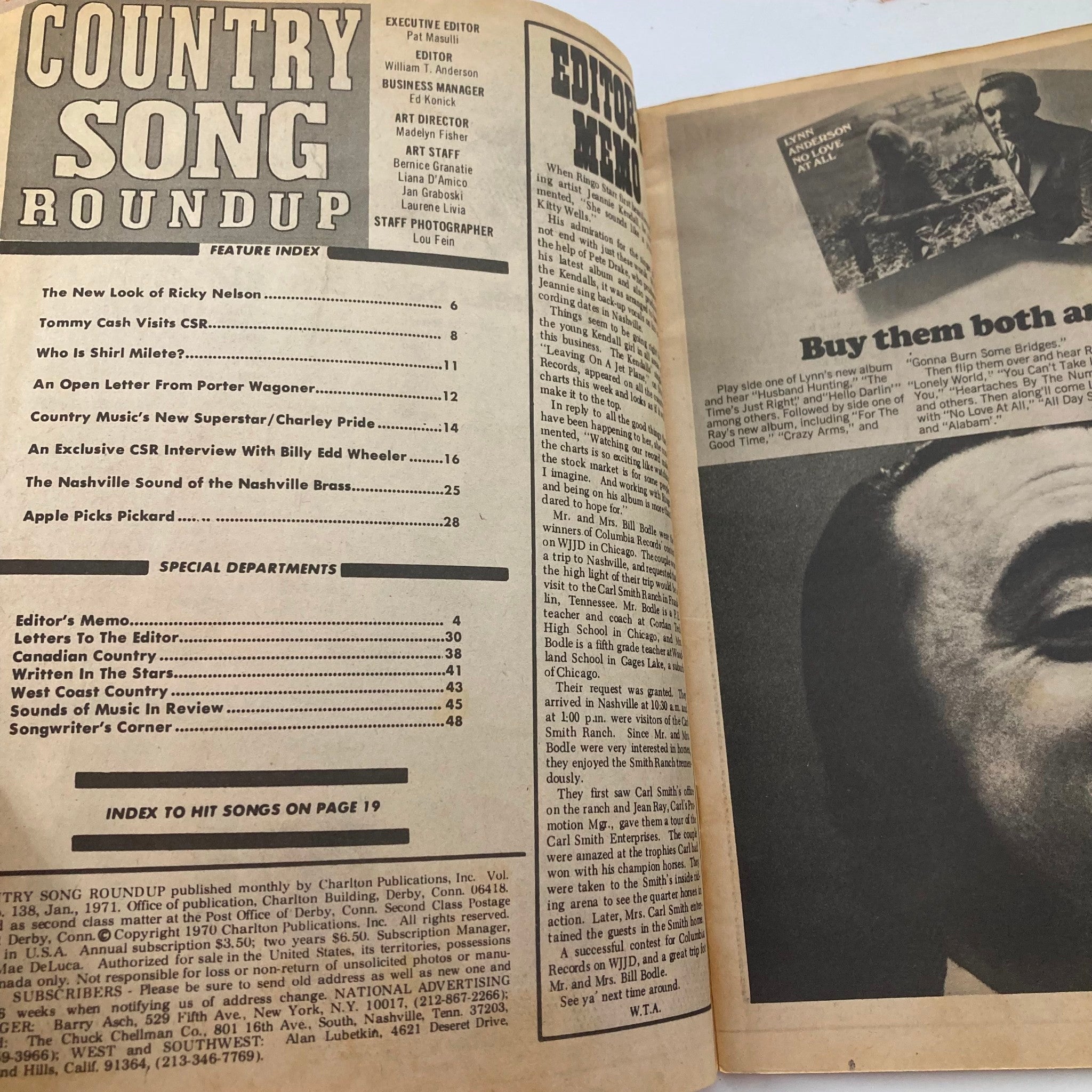 Interior page of VTG Country Song Roundup Magazine January 1971 featuring the feature index and articles about country music stars like Charley Pride.