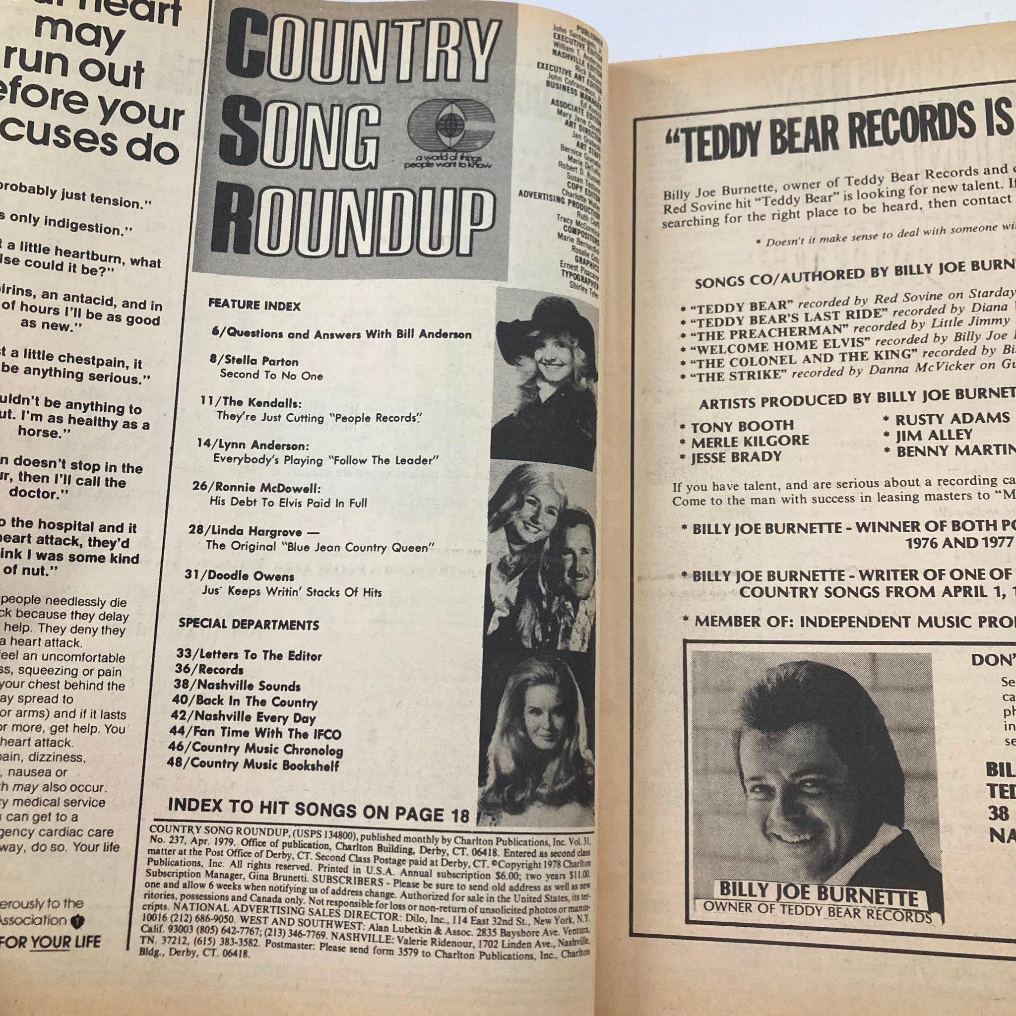 Inside spread of VTG Country Song Roundup Magazine April 1979 highlighting featured articles and song index, including Lynn Anderson's 'Follow the Leader' and other country music stars of the era.