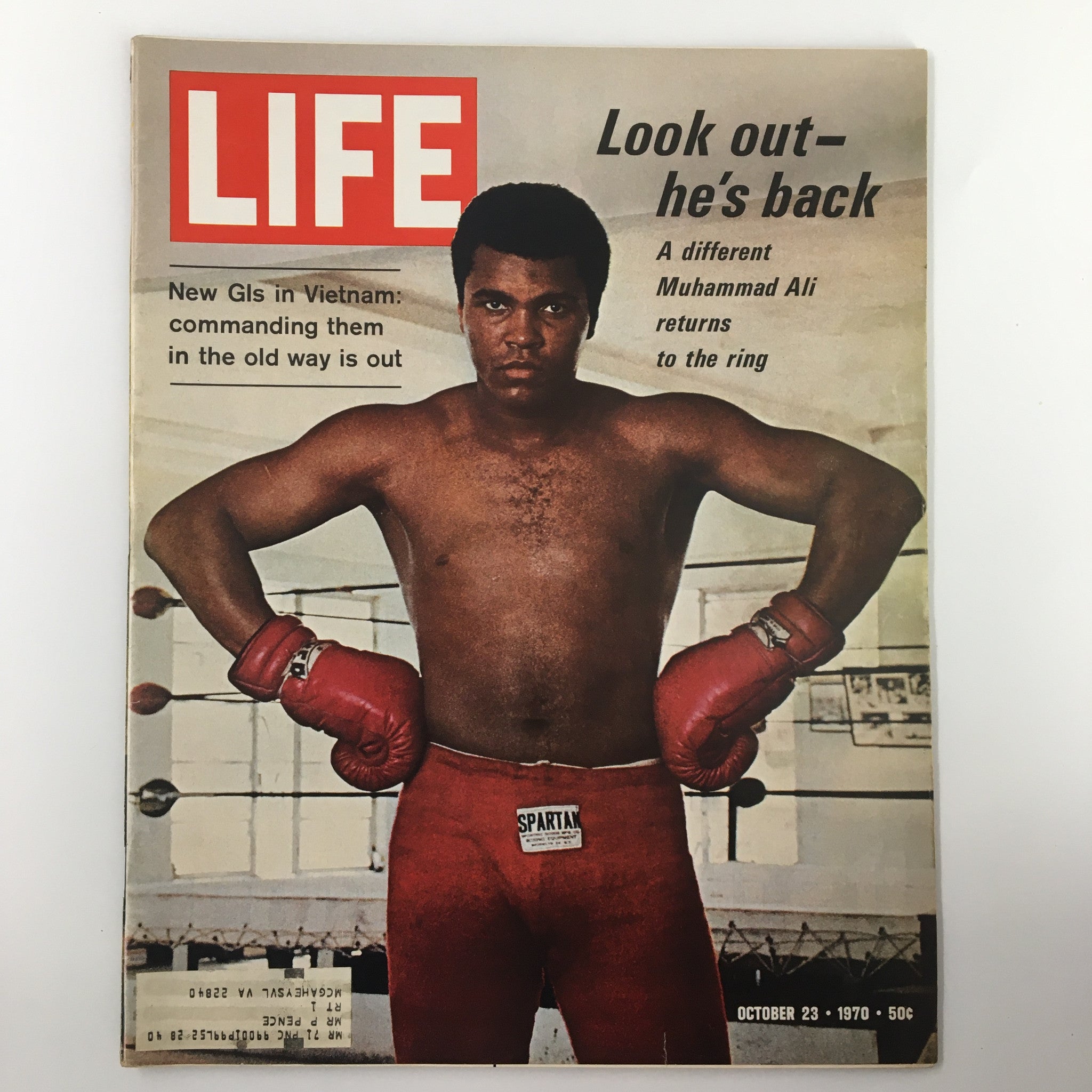 VTG Life Magazine October 23 1970 featuring Muhammad Ali in boxing gloves, capturing a moment of his return to the ring, highlighting a different side of the legendary fighter.