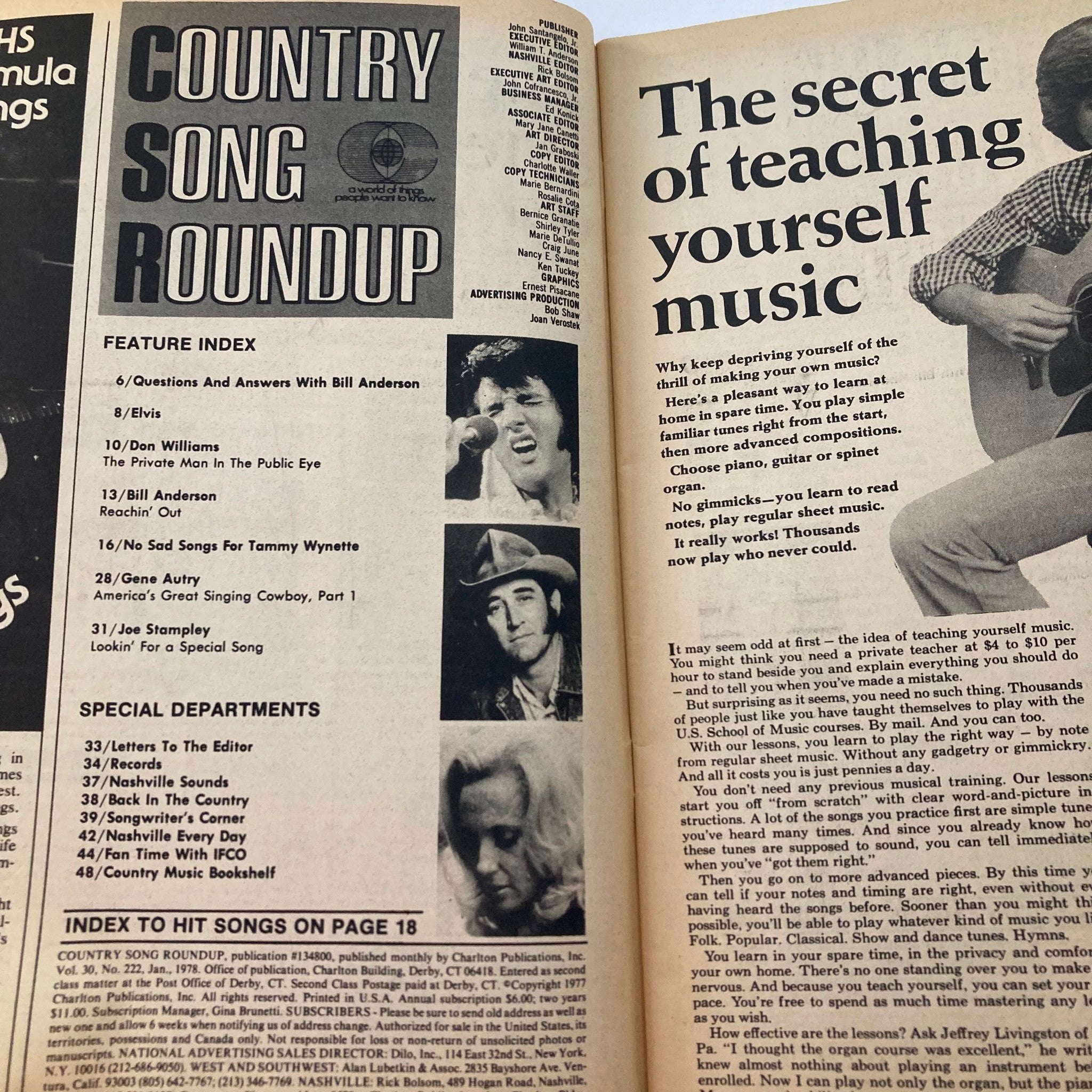 Interior page of VTG Country Song Roundup Magazine January 1978, featuring the feature index and photos of country music stars including Don Williams and Elvis.